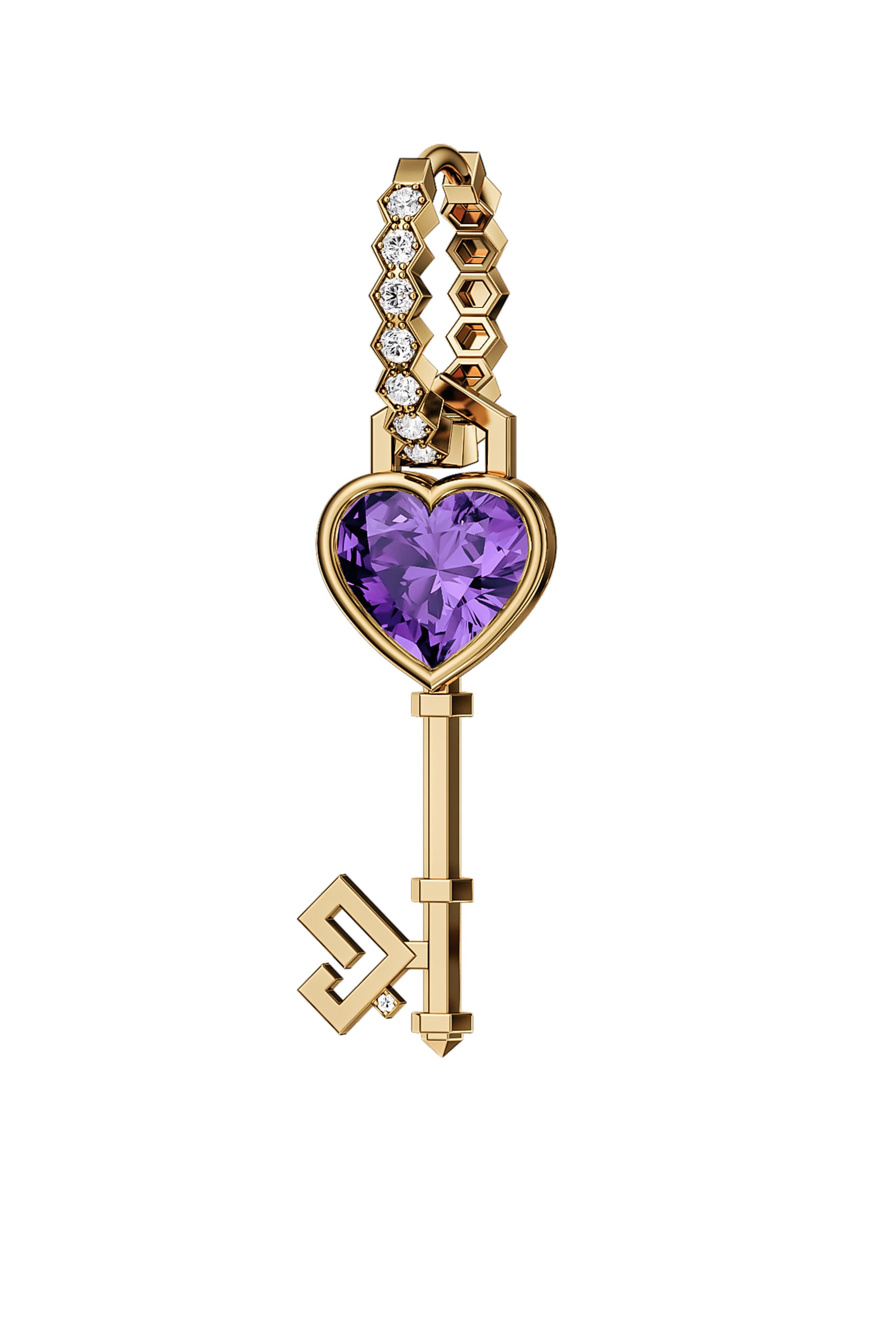 Key of Love Hoop Earring, 18k Yellow Gold with Amethyst & Diamonds
