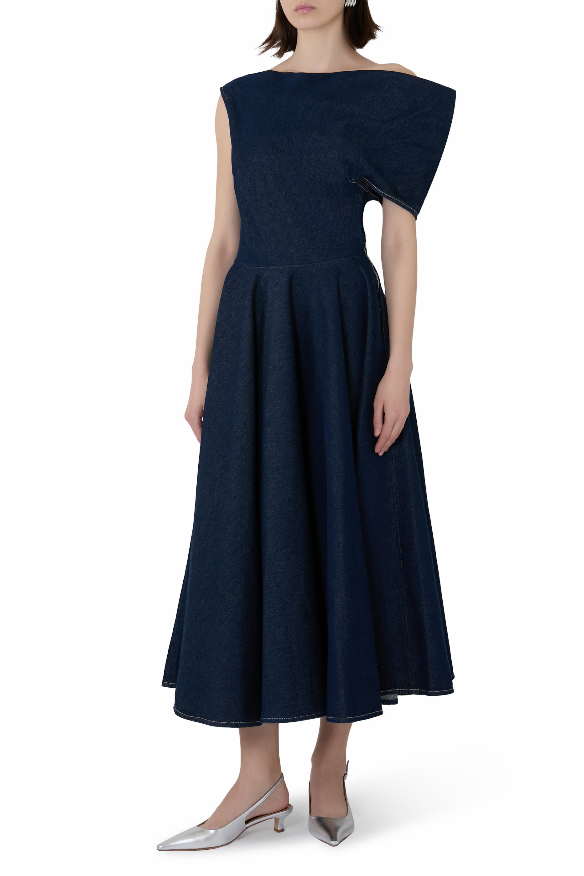 Indigo Denim Off-Shoulder Midi Dress 