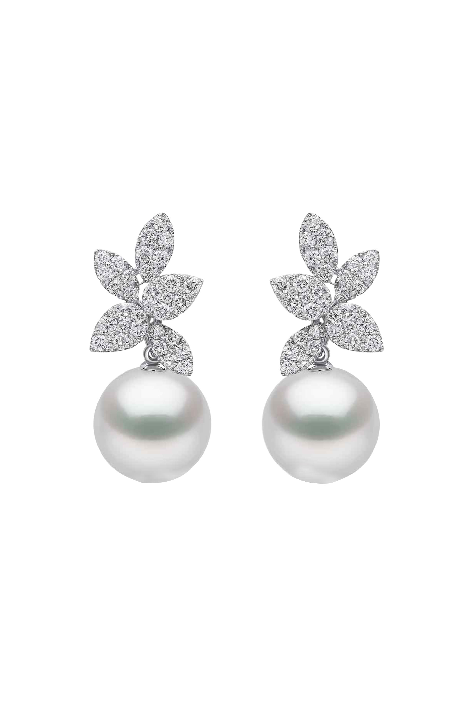 Glitz Motif Earrings, 18K White Gold with Pearls & Diamonds
