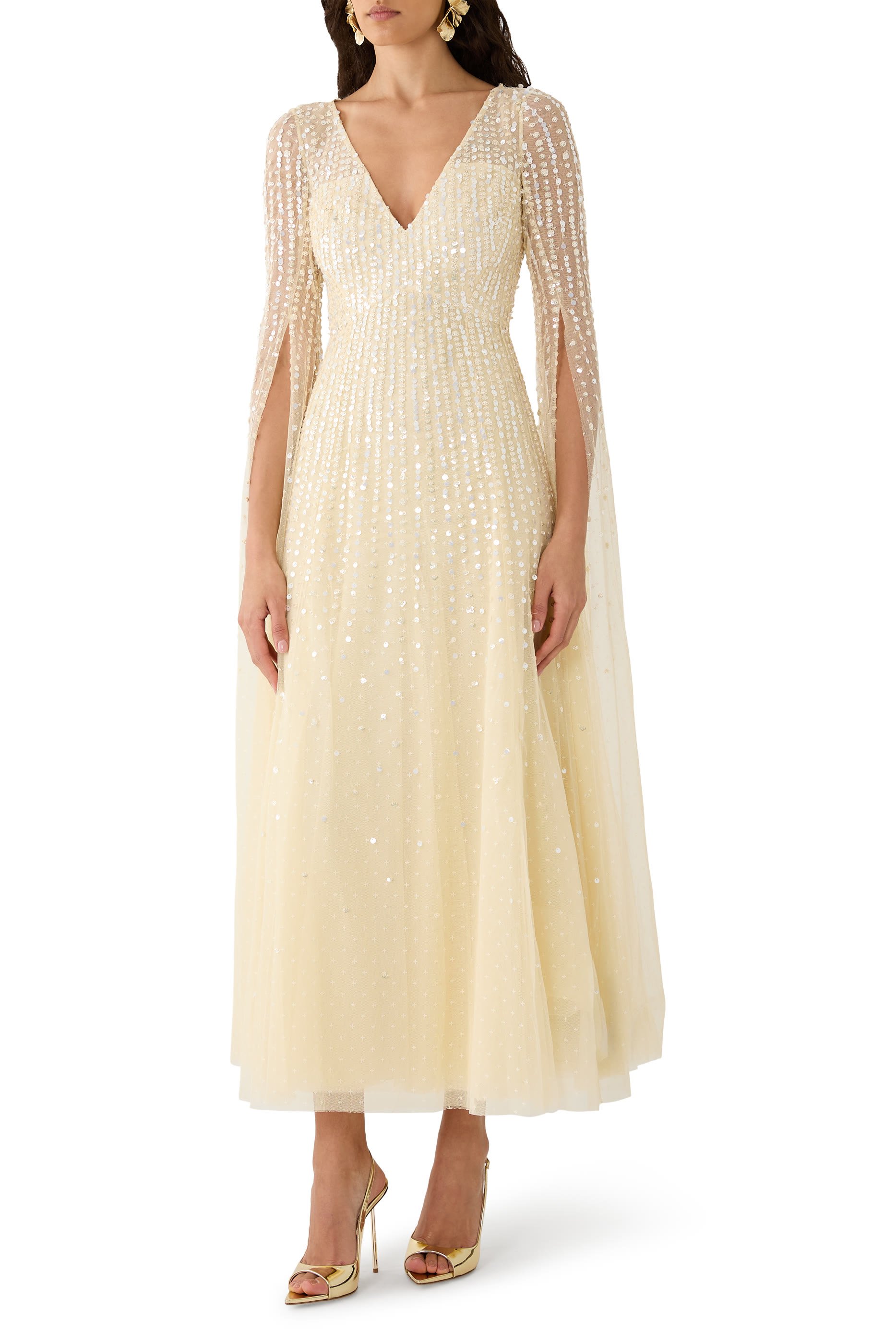 Moonlight Sequin V-Neck Cape Sleeve Gown