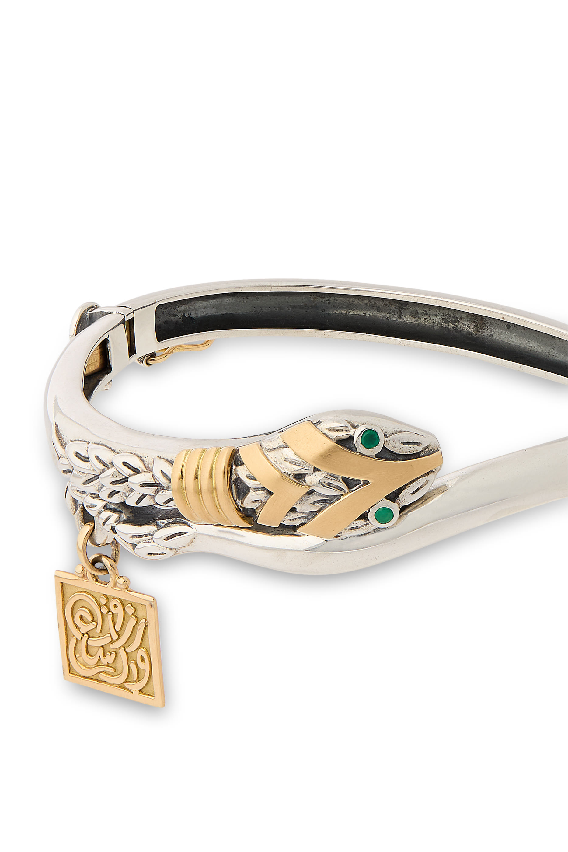 Snake Calligraphy Bracelet, 18K Yellow Gold, Sterling Silver & Green Onyx 