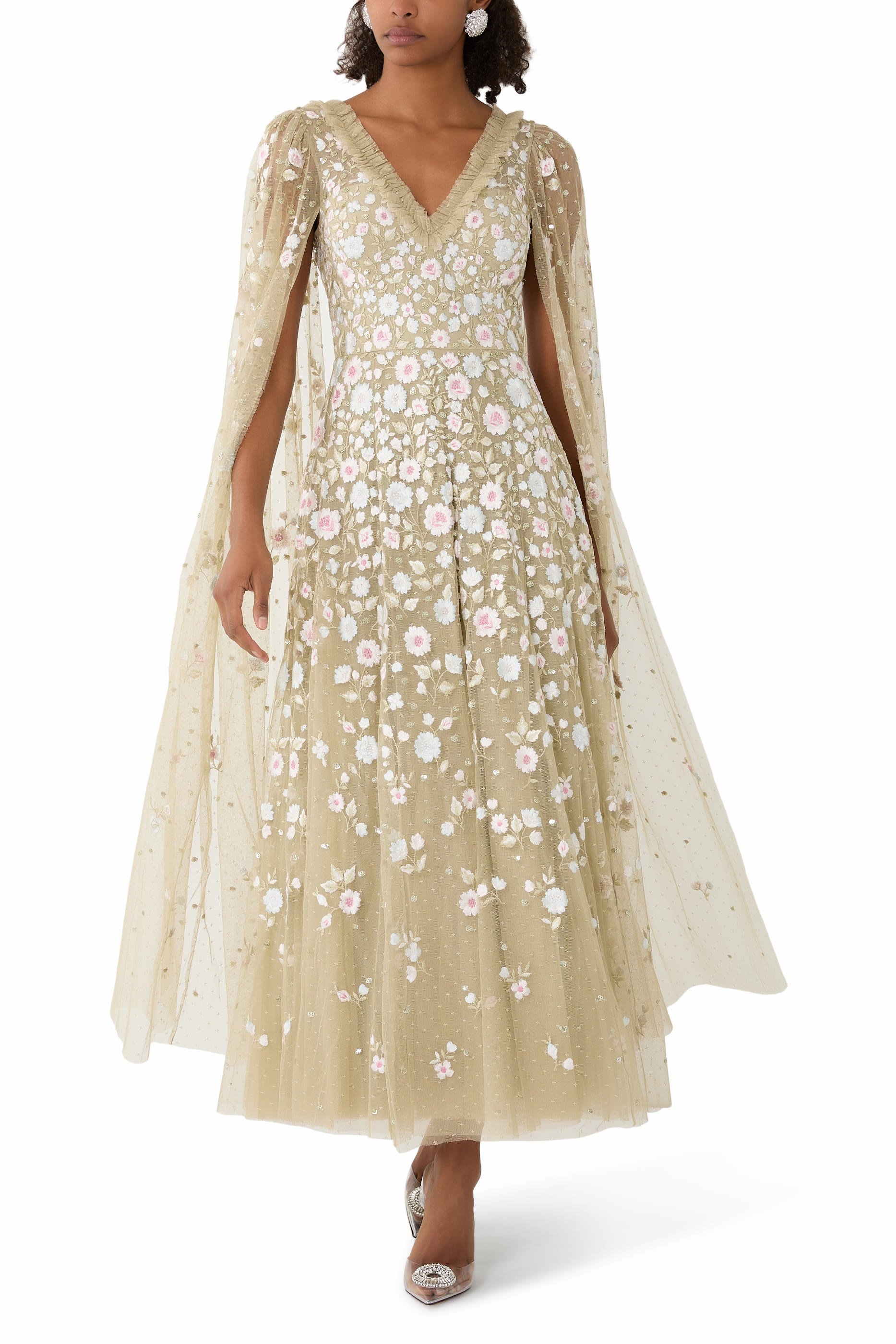 Cape-Detail Ethereal Blooms Maxi Dress