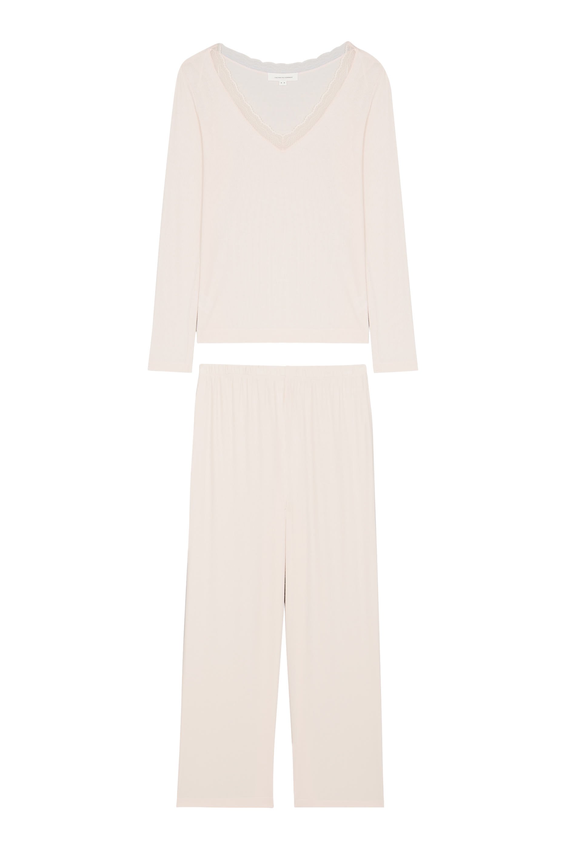 Jersey Lace Trim Long Sleeve Ribbed Pyjama Set 