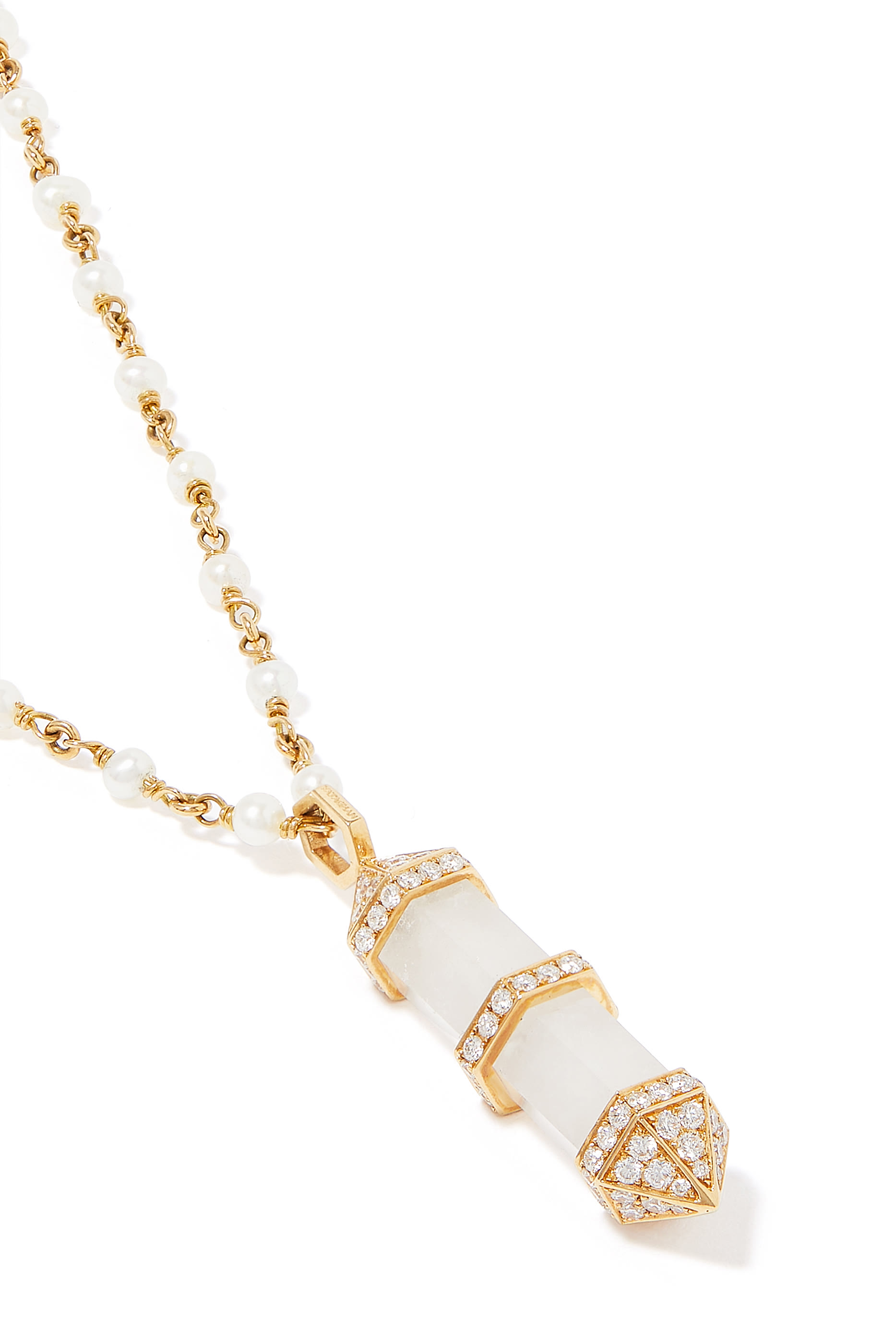 Chakra Medium Vertical Necklace, 18k Yellow Gold with Diamonds & Milky Quartz