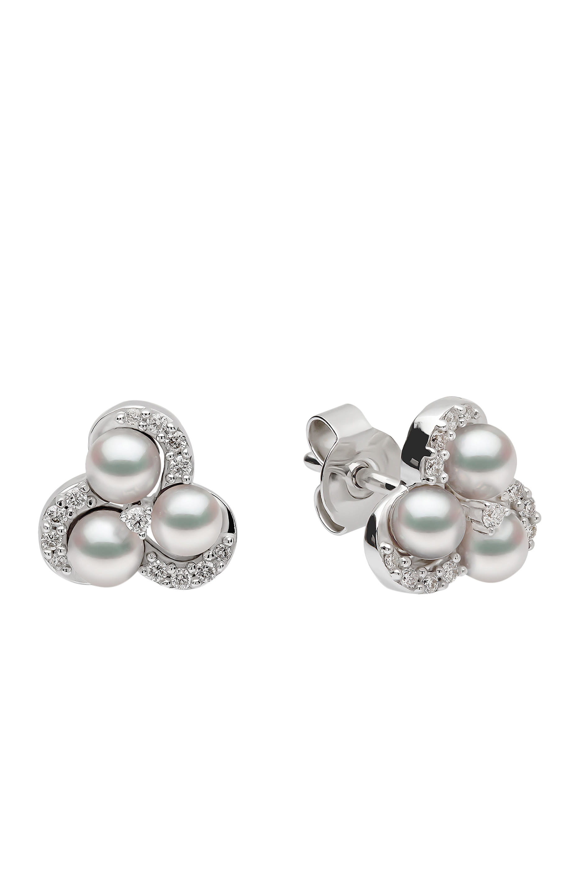Sleek Cluster Earrings, 18k White Gold with Akoya Pearls & Diamonds
