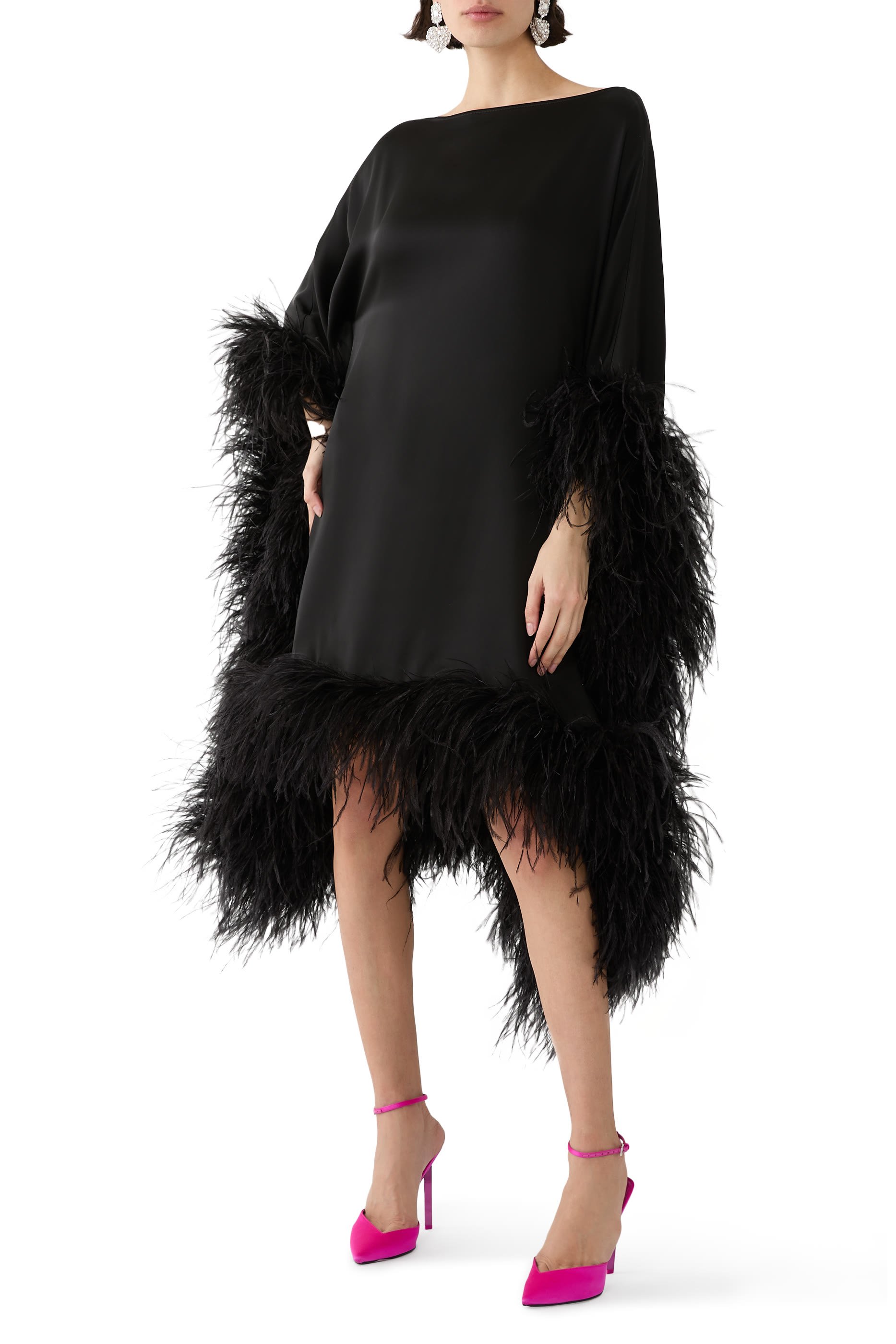 Satin Cape Dress With Feathers