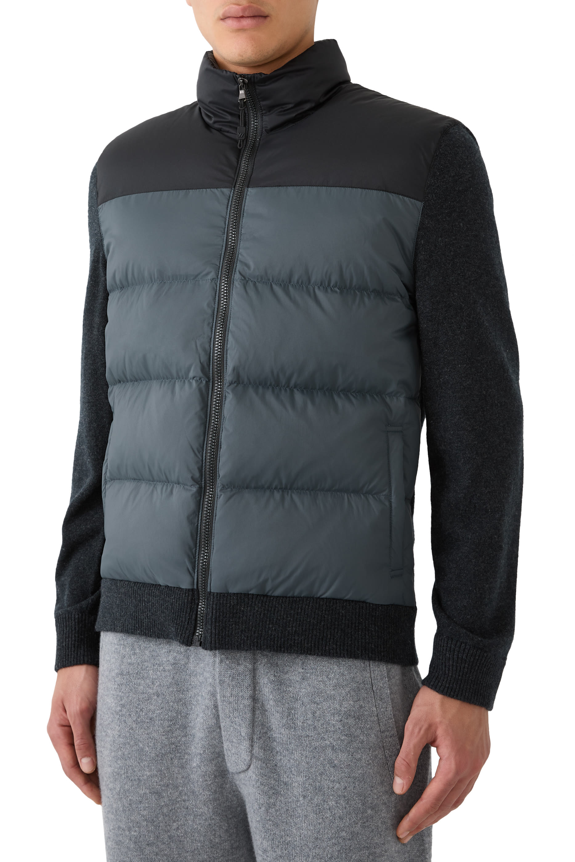 Two-Tone Down Front Zip-Up Sweater