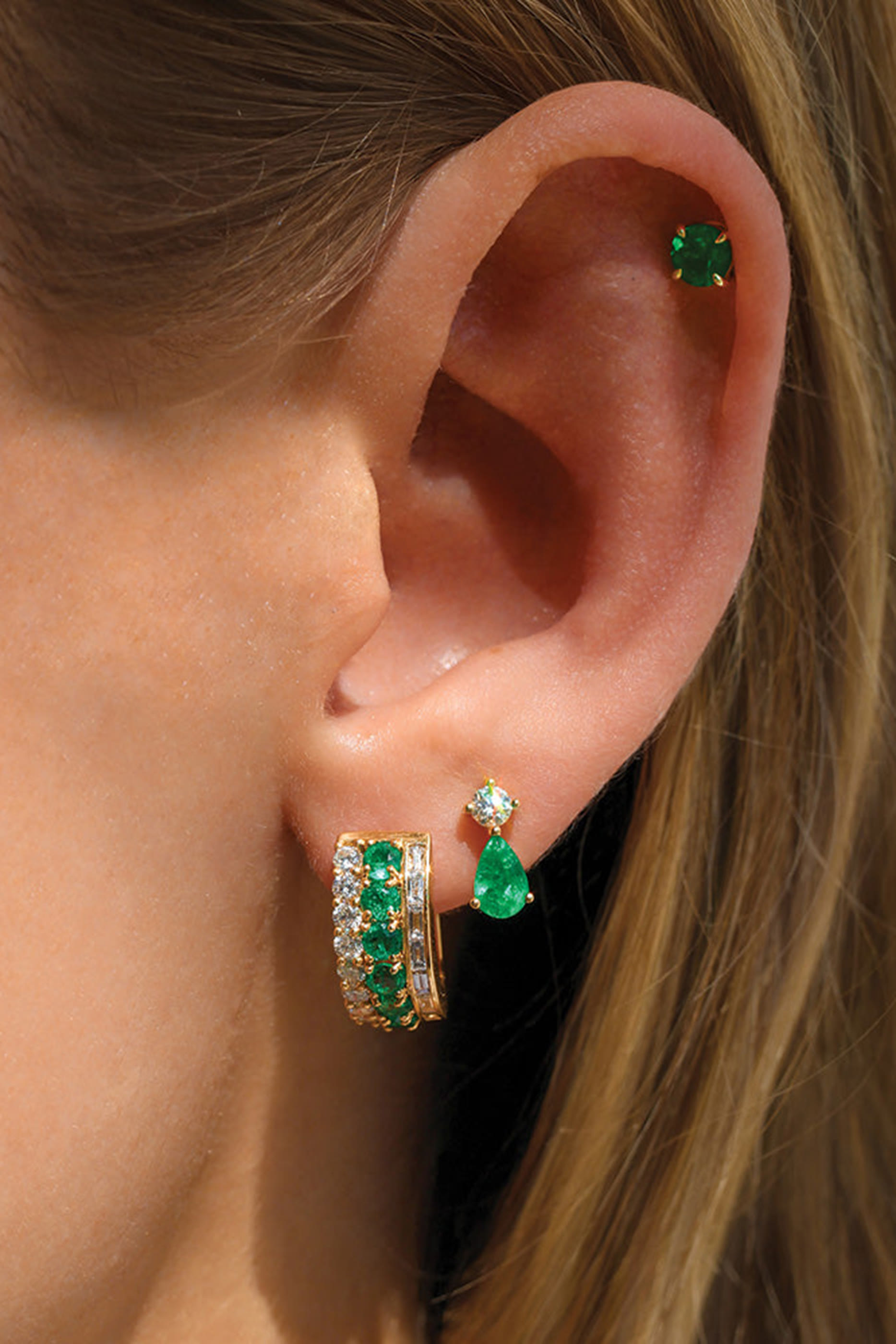 Emerald Violet Stud Earrings, 18k Yellow Gold, Pear Emeralds & Diamonds