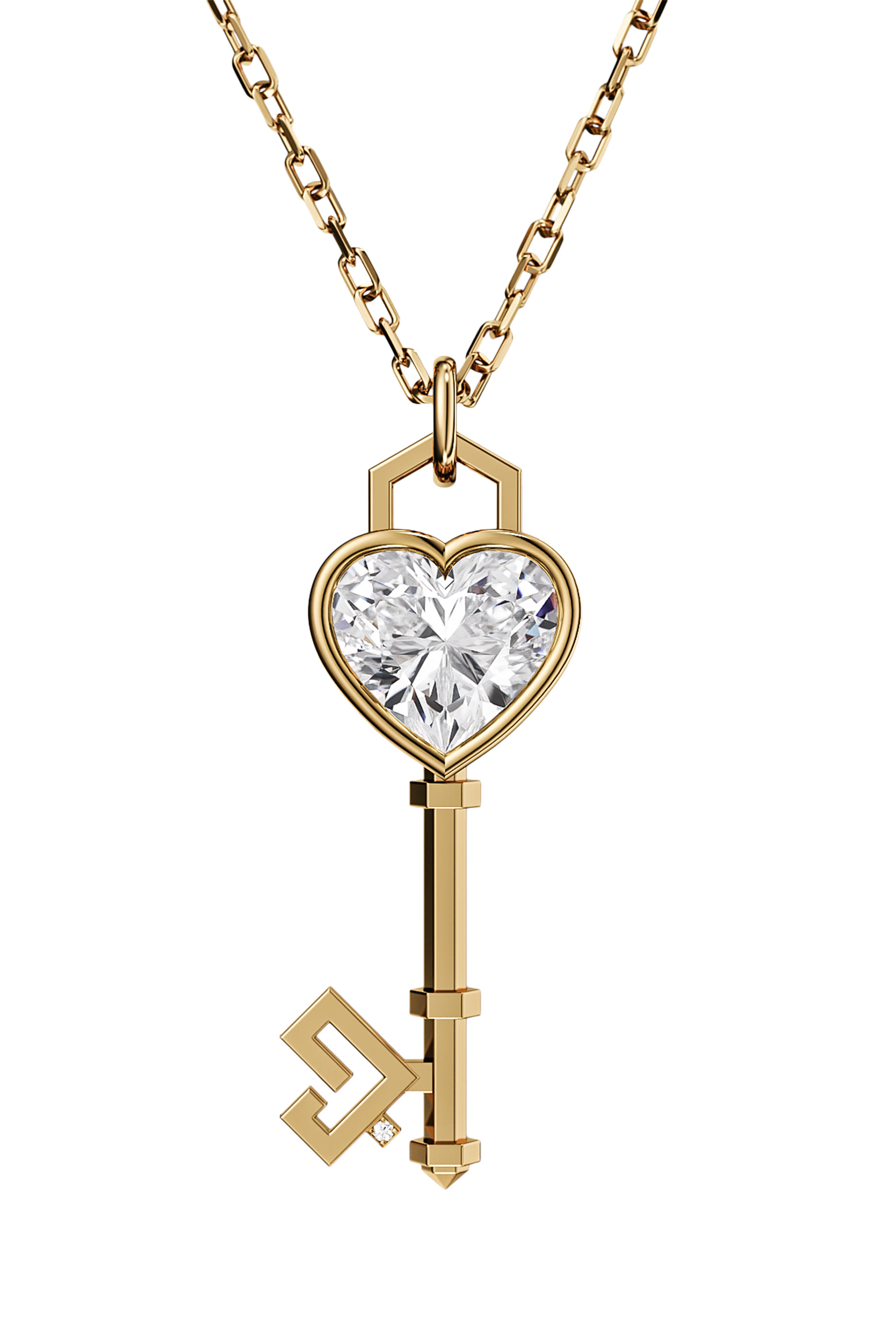 Key of Love Diamond Solitaire Necklace, 18K Yellow Gold & Heart Solitaire