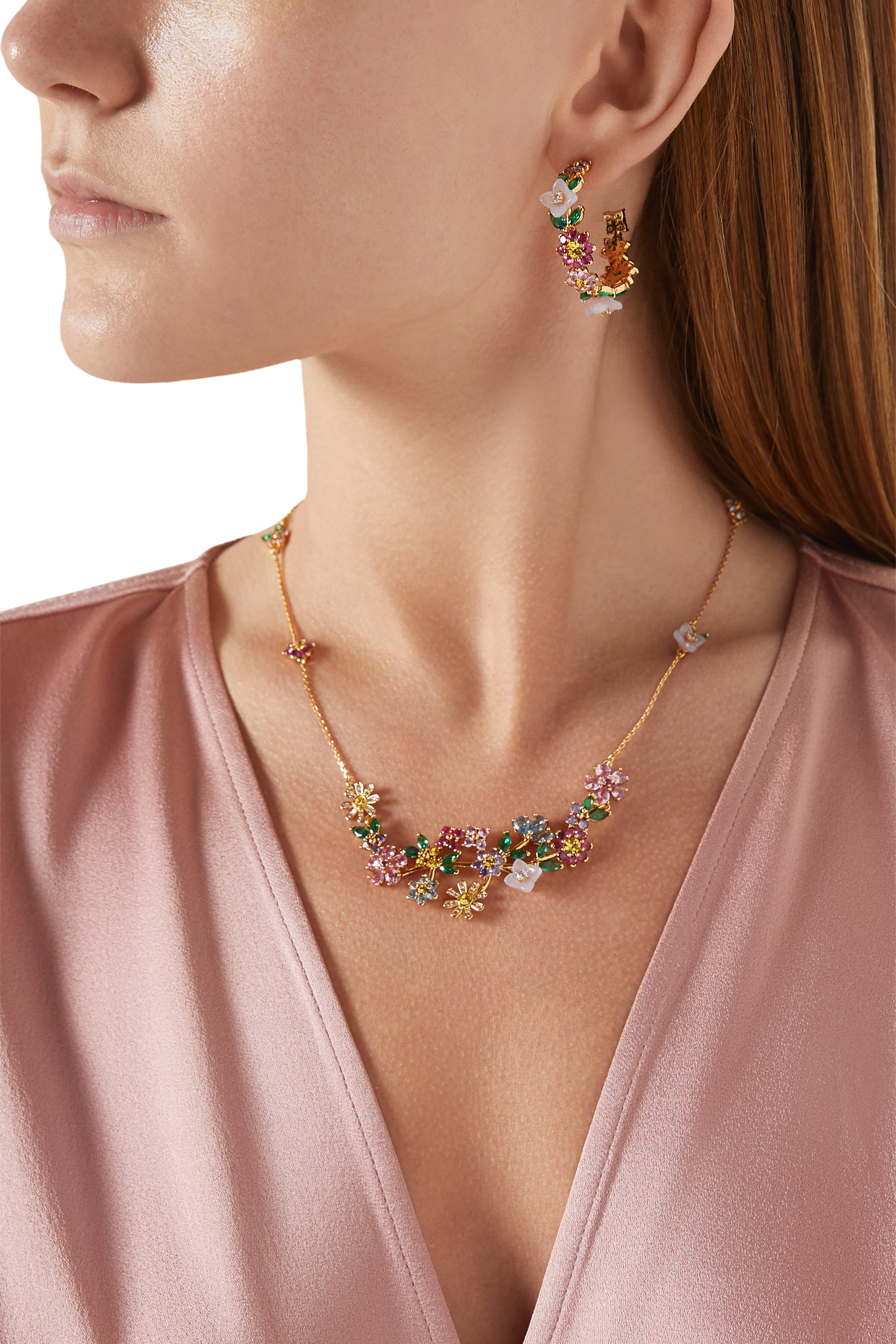 Bursting Blooms Necklace, Brass & Cubic Zirconia, Czech Glass Stone, Resin