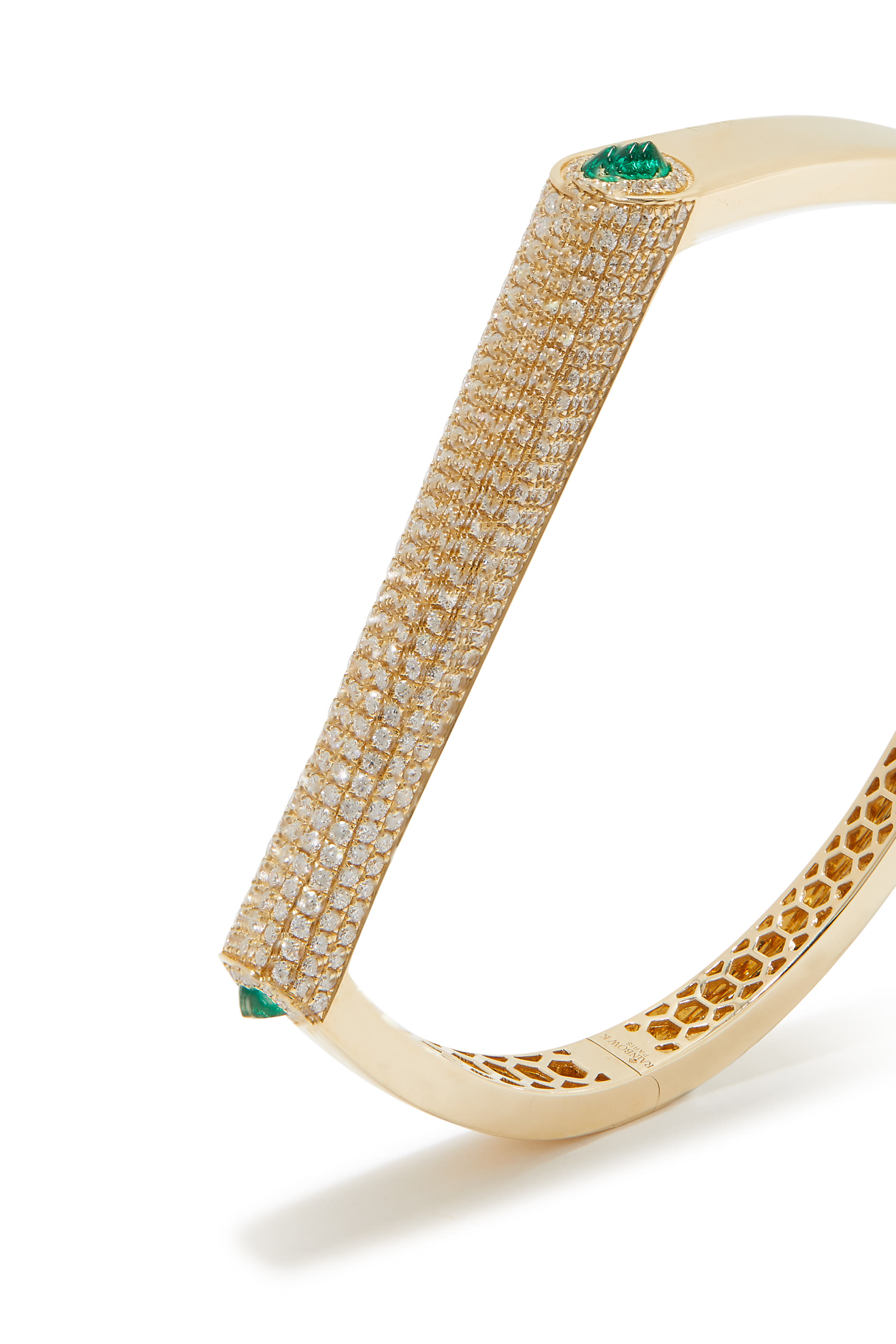 Grace Bangle, 14k Yellow Gold with Diamonds & Emeralds