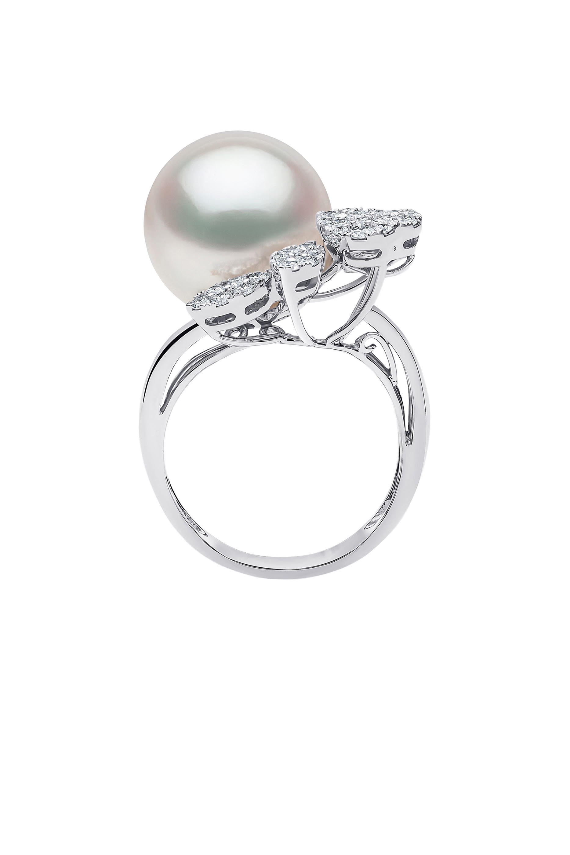  Duchess Flower Flutter Ring, 18K White Gold with South Sea Pearl & Diamonds