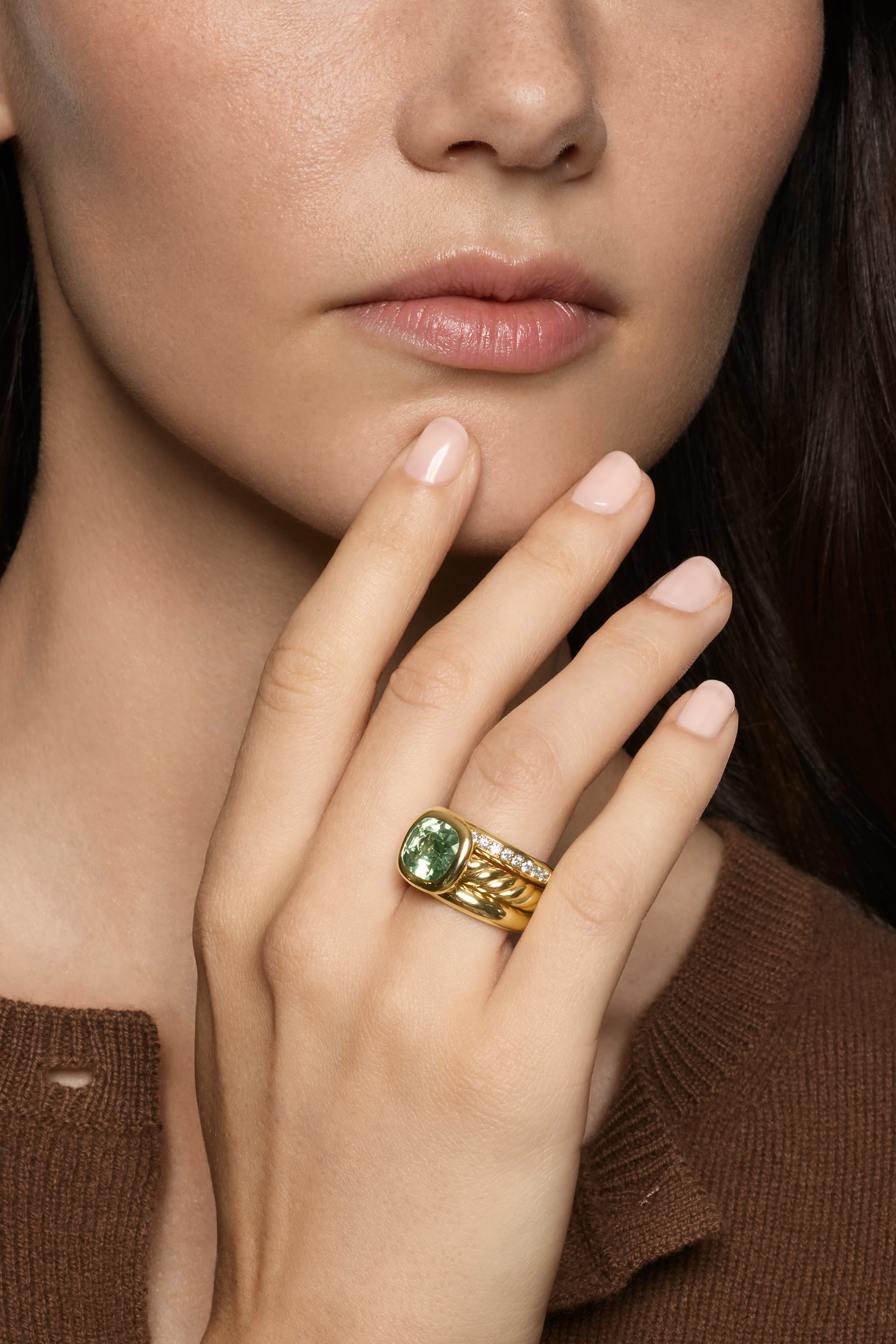 DY Mercer® Three Row Stone Ring, 18k Yellow Gold with Prasiolite and Diamonds