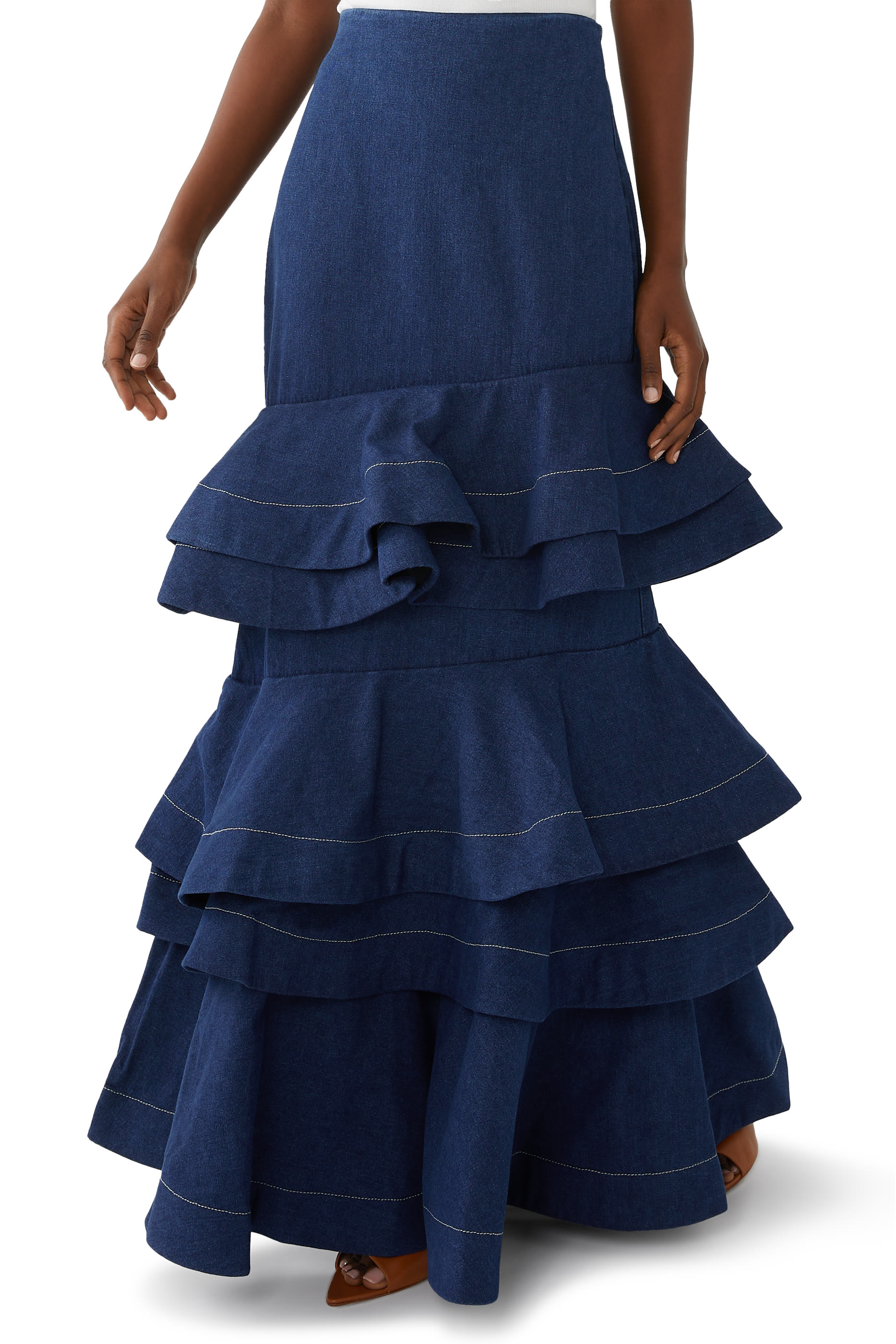 Mi Memoria Ruffled Denim Maxi Skirt