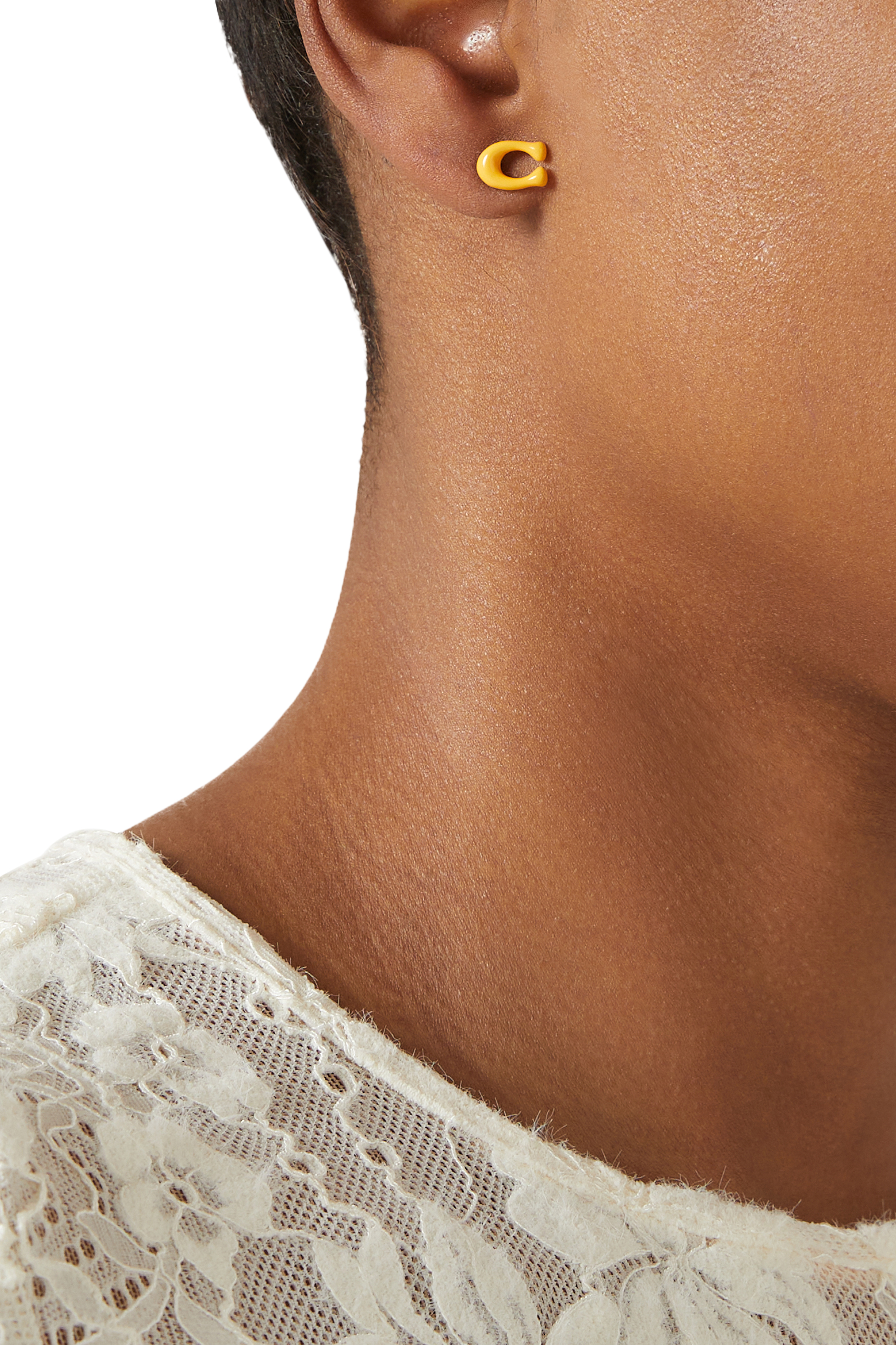 Enamel C Stud Earrings, Brass & Titanium