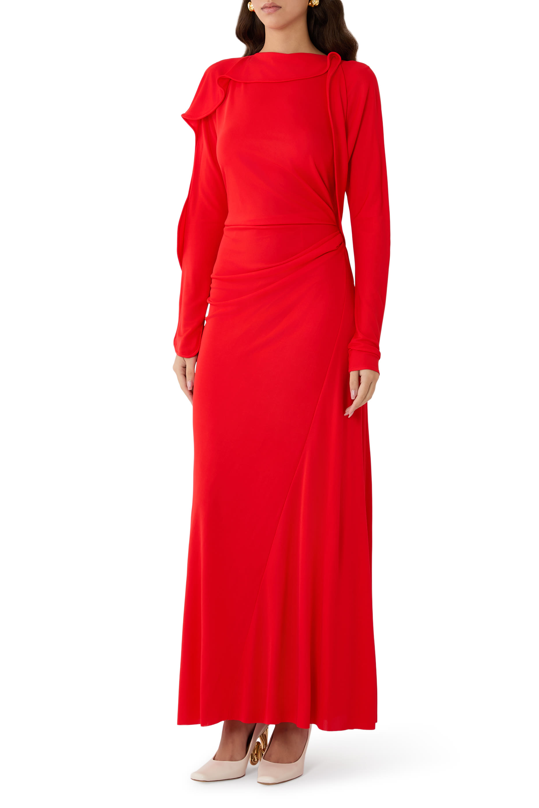  Long Sleeve Draped Jersey Gown 