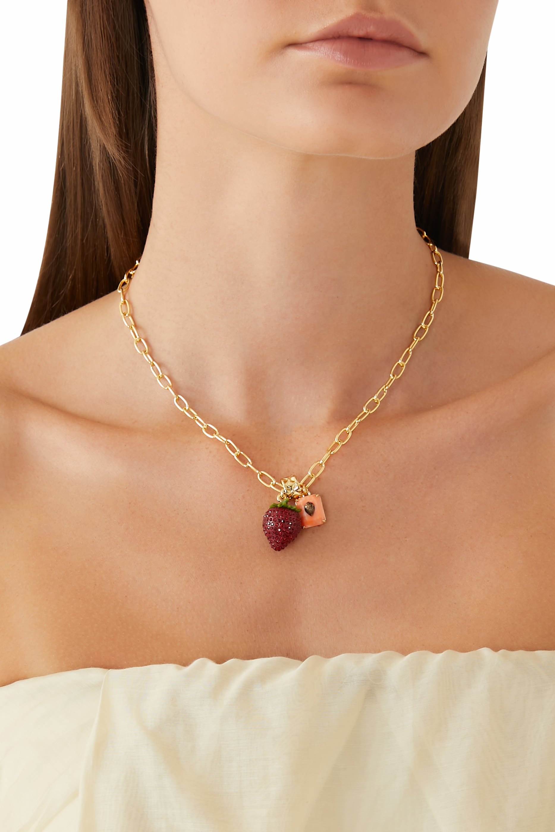 Pav&eacute; Strawberry Pendant Necklace, Brass