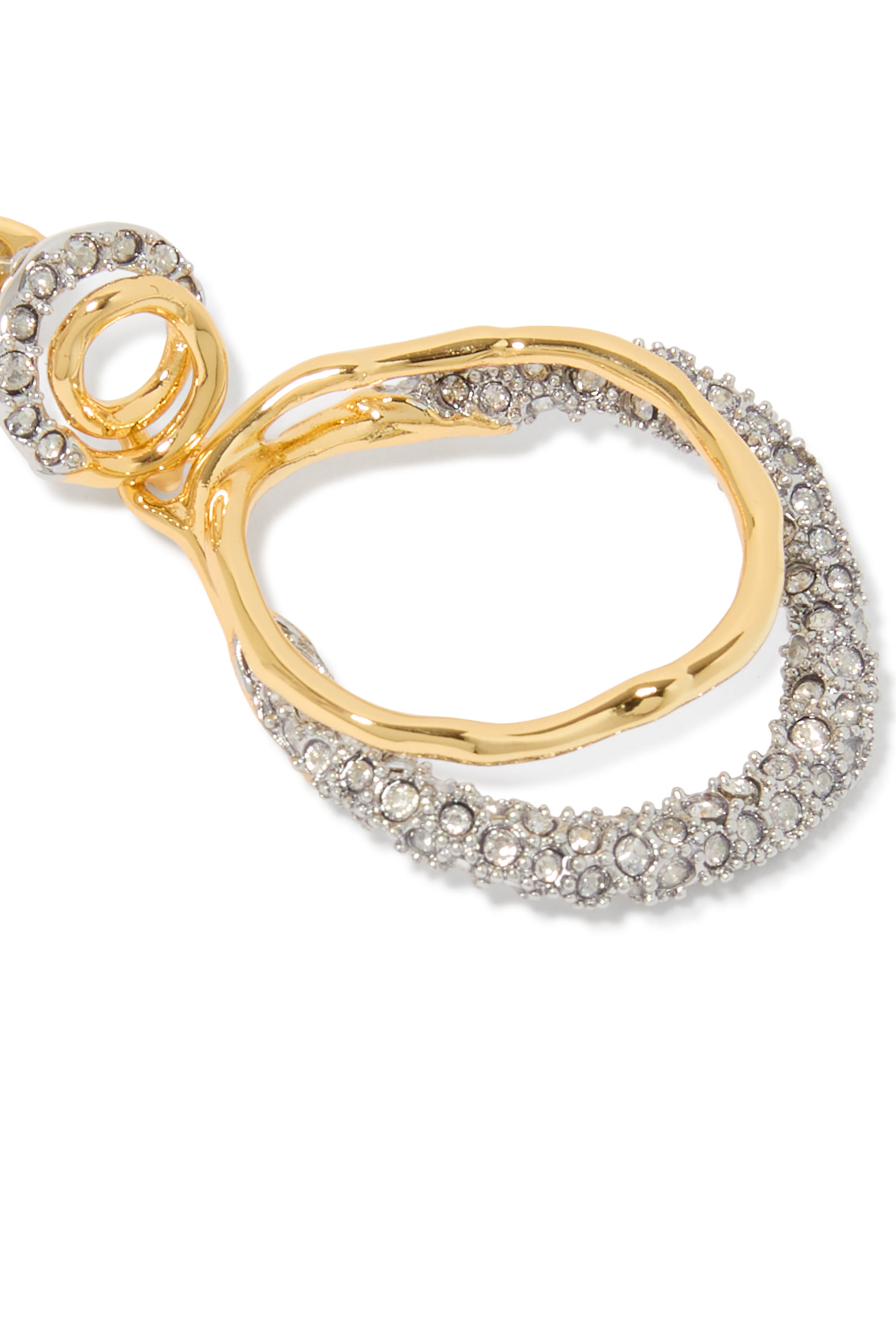 Solanales Crystal Orbit Drop Post Earrings, 14k Gold Plated Brass with Rhodium Tone Plated Brass & Crystal