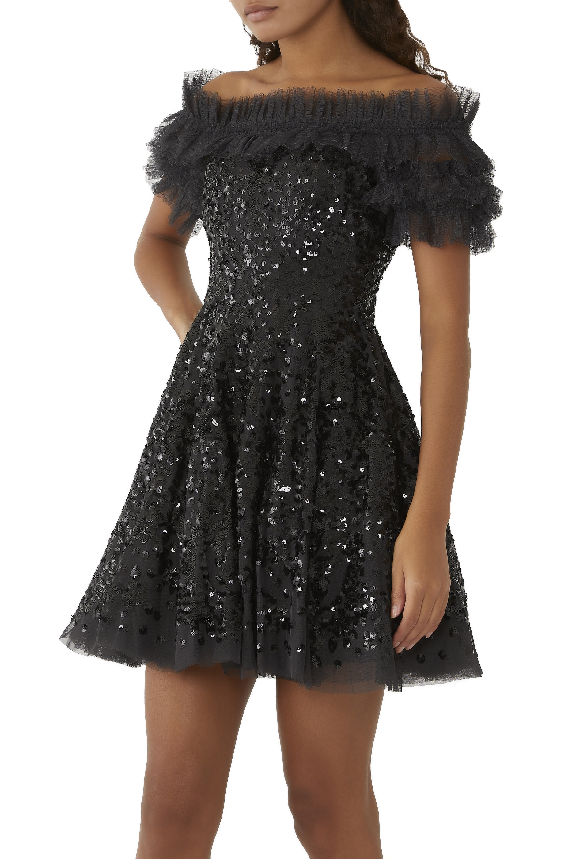 Sequin Wreath Off-Shoulder Micro Mini Dress