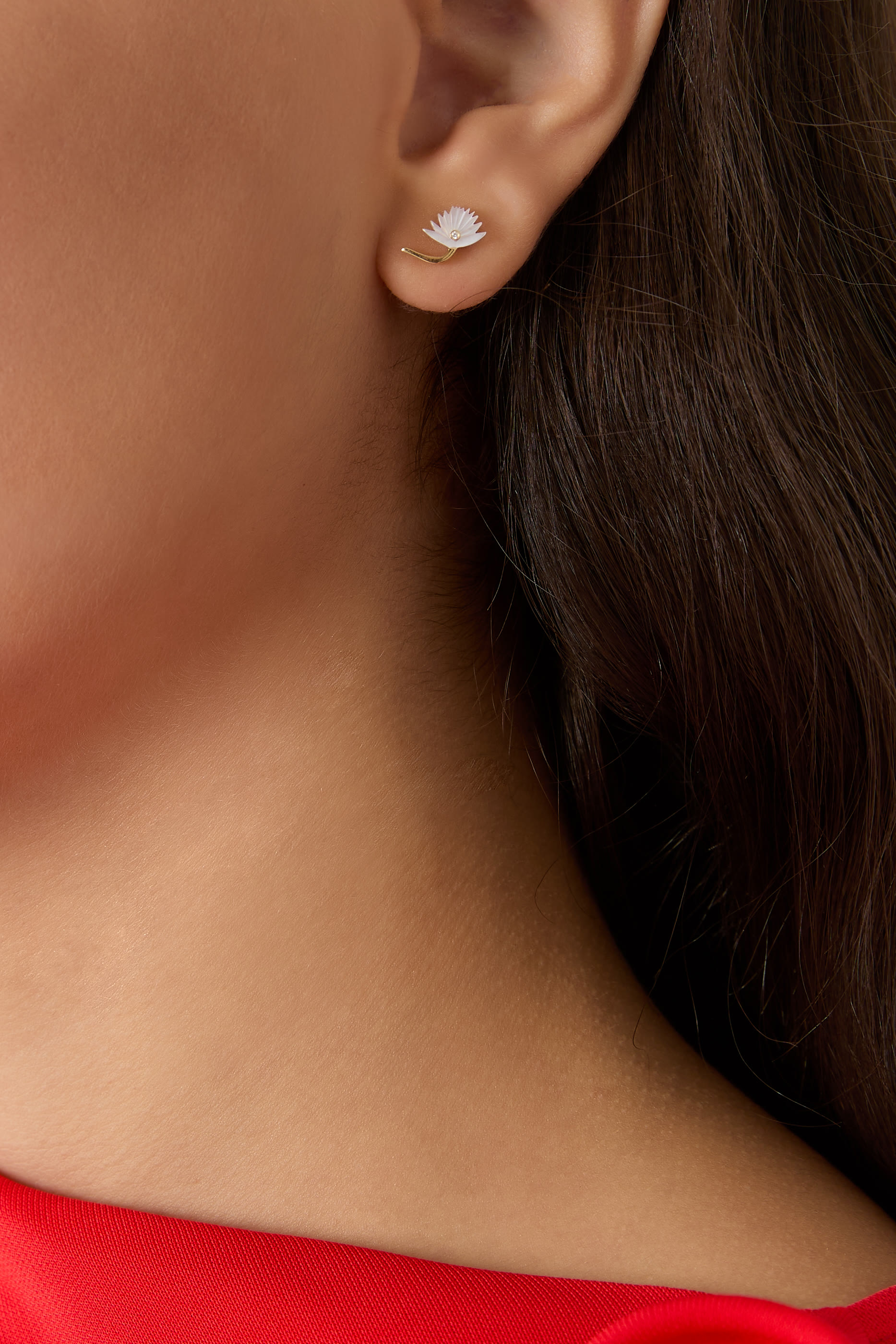  Flower Studs, 18K Yellow Gold with Mother of Pearl & Diamonds