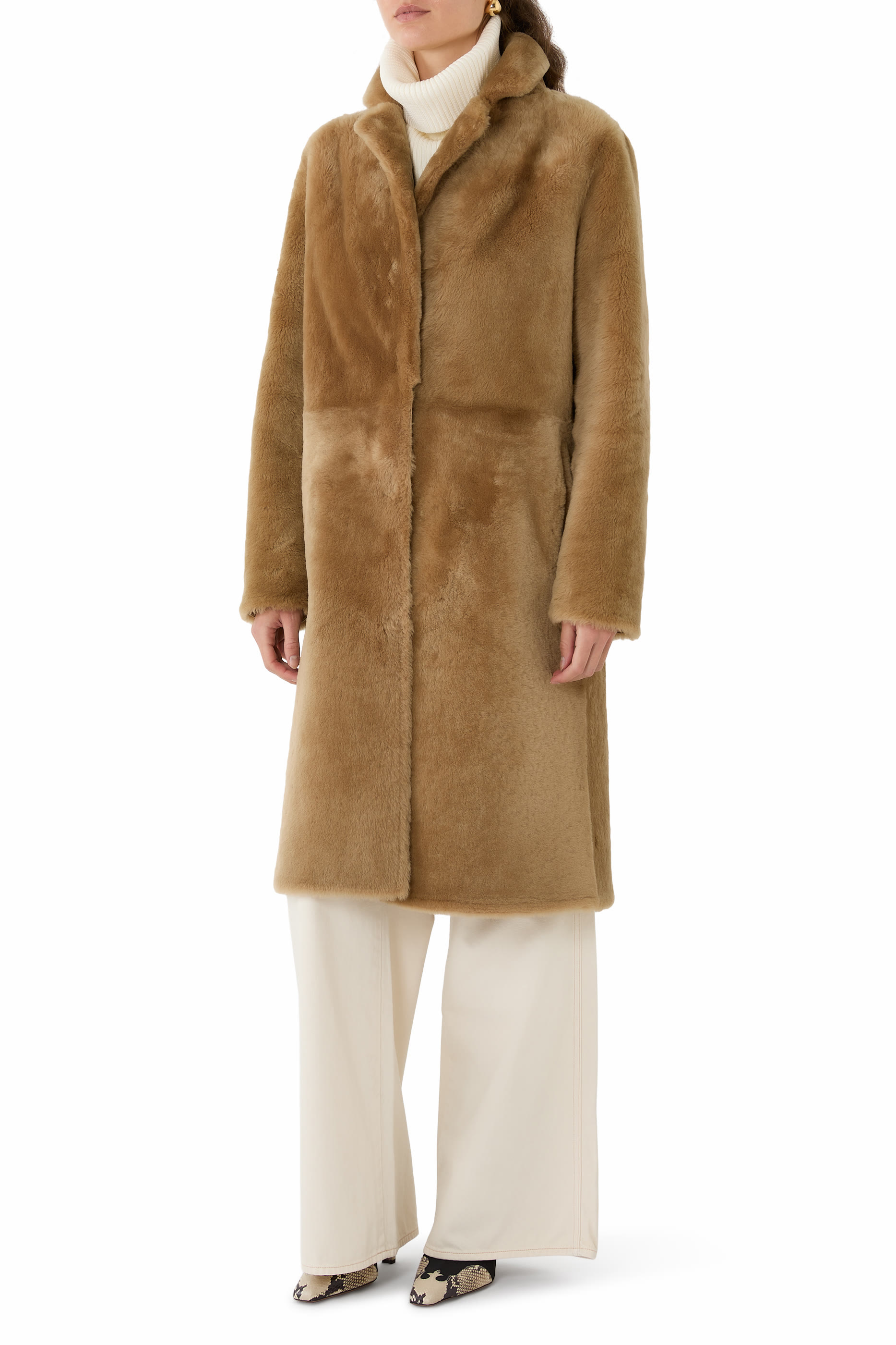 Notched-Lapel Slip-Pocket Shearling Coat