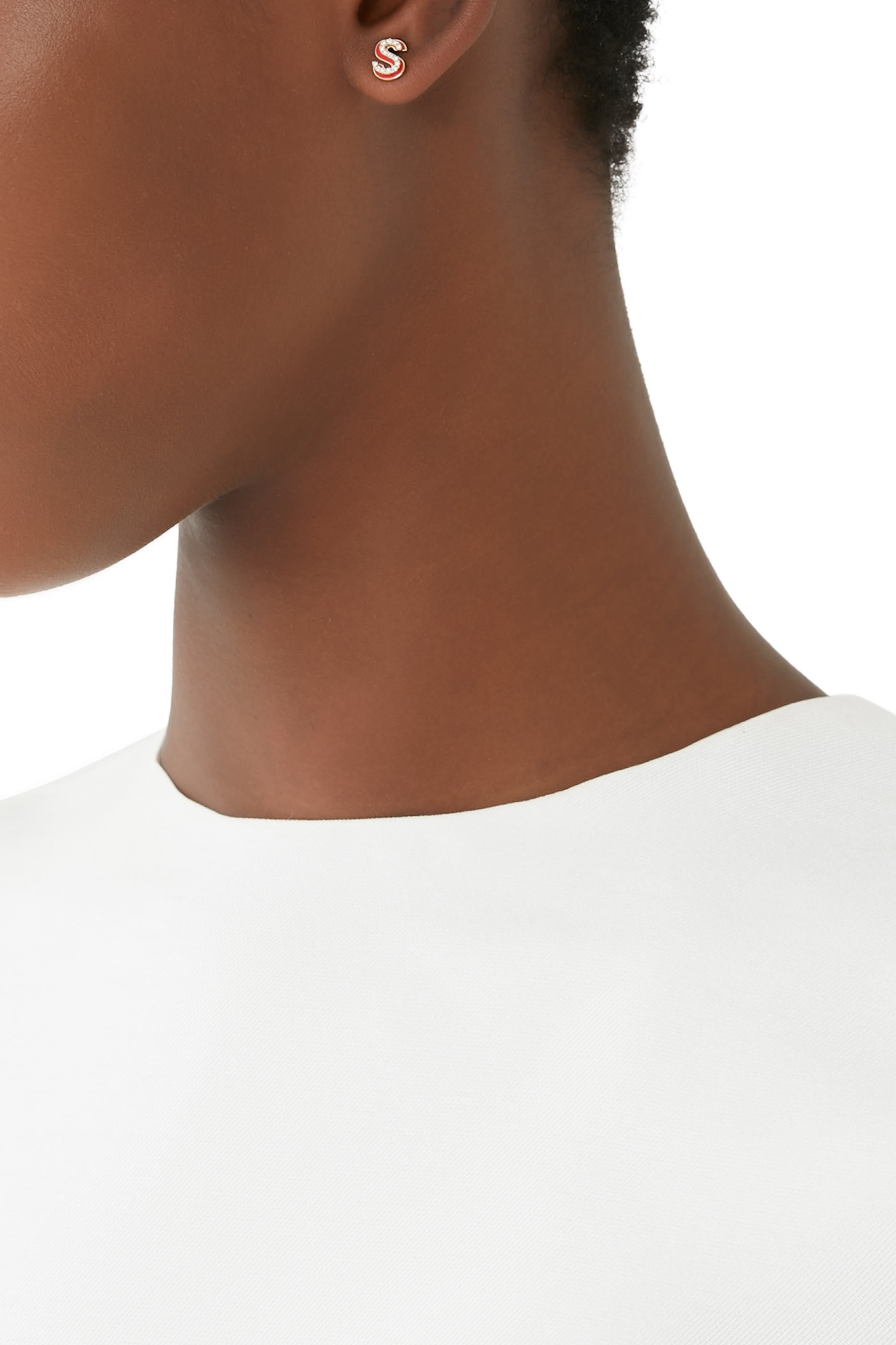 Letter S Stud Earring, 18k Yellow Gold. with Pink Enamel and Diamond