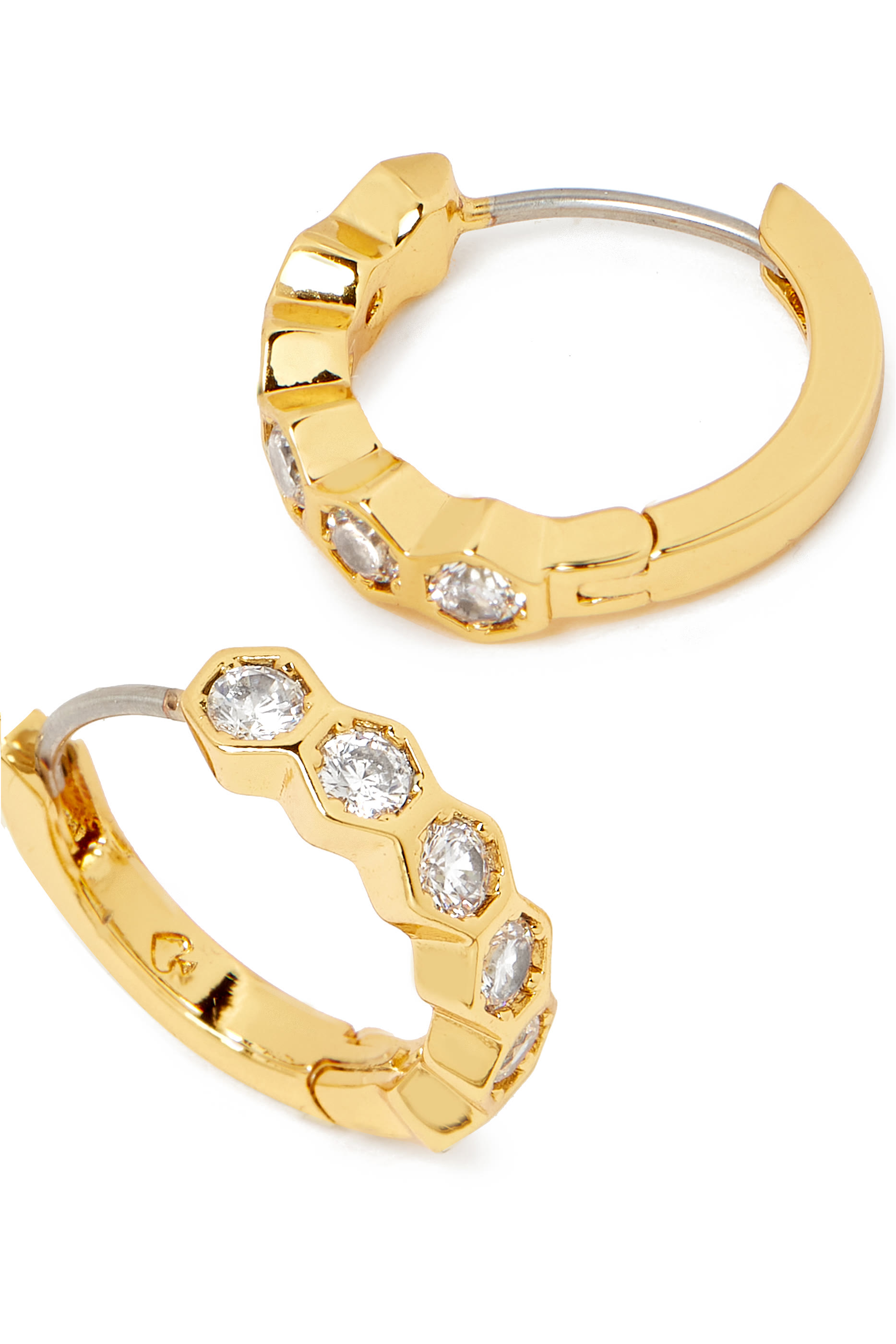 On the Ball Hexagon Huggies, Plated Metal with Surgical Steel Posts & Cubic Zirconia