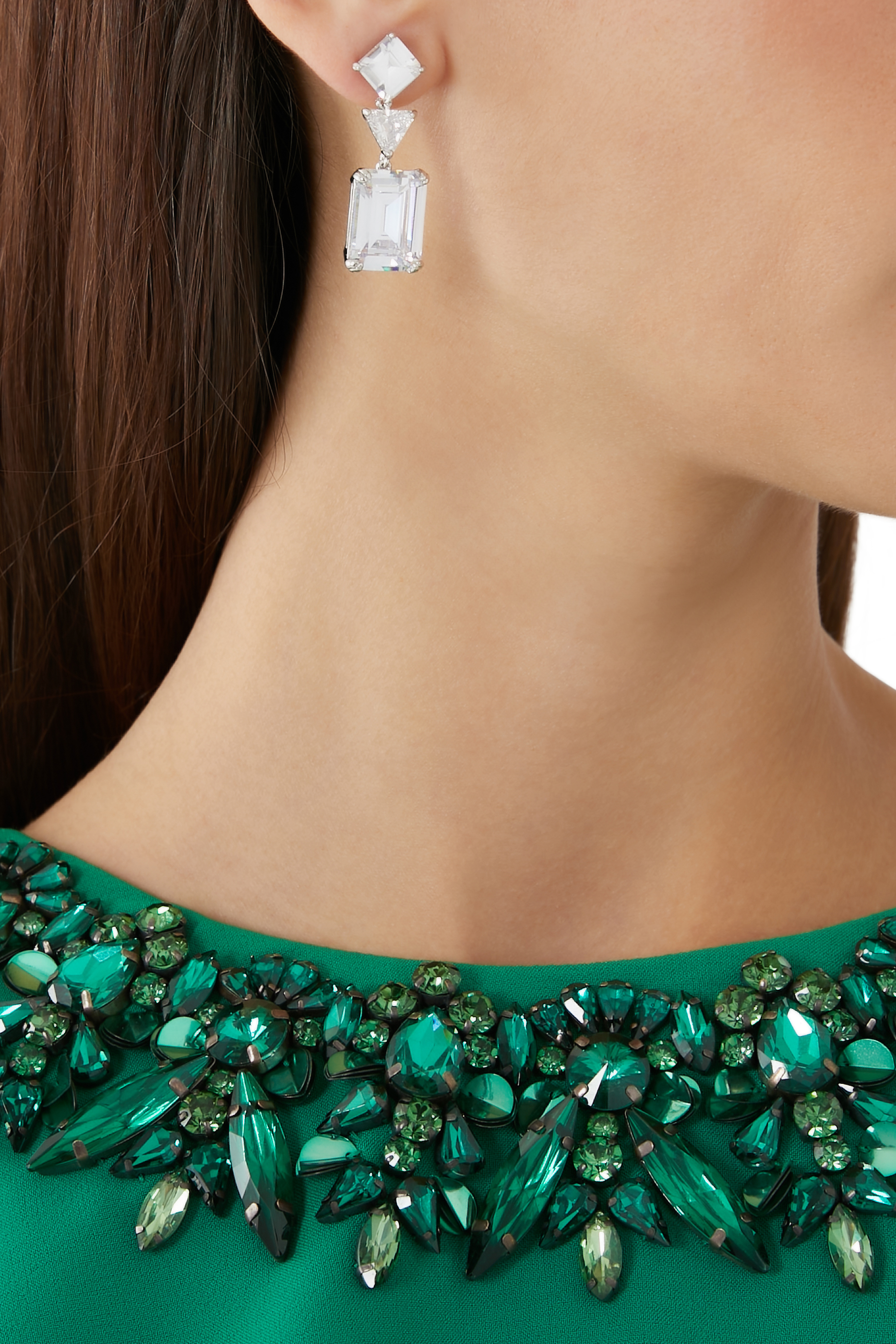 Multi-Shape Tiered Drop Earrings, Rhodium-Plated Brass & Cubic Zirconia