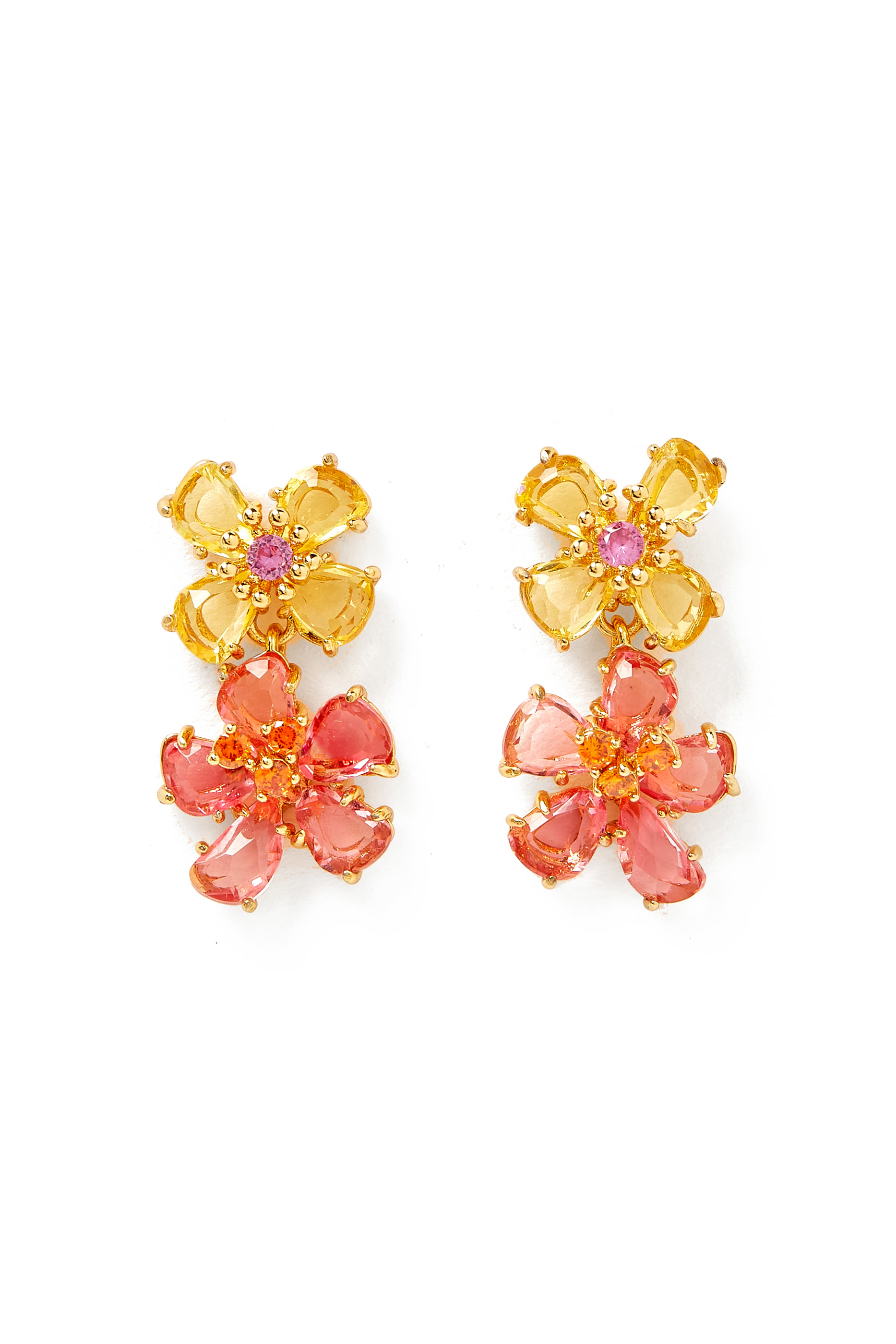Paradise Flower Double Drop Earrings, Plated Metal & Cubic Zirconia, Glass Stone, Titanium Posts