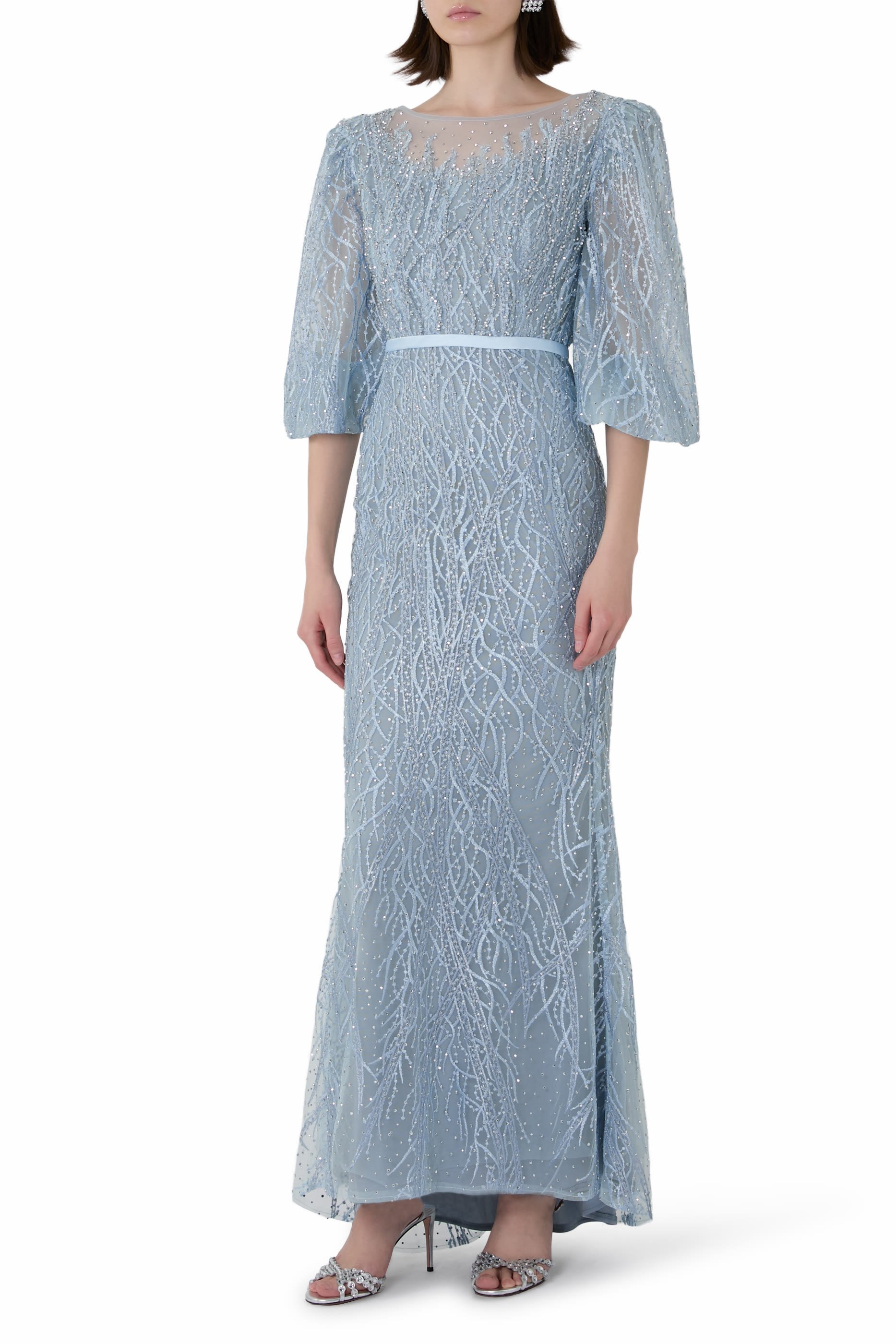 Embroidered Boat Neck Puff Sleeve Gown