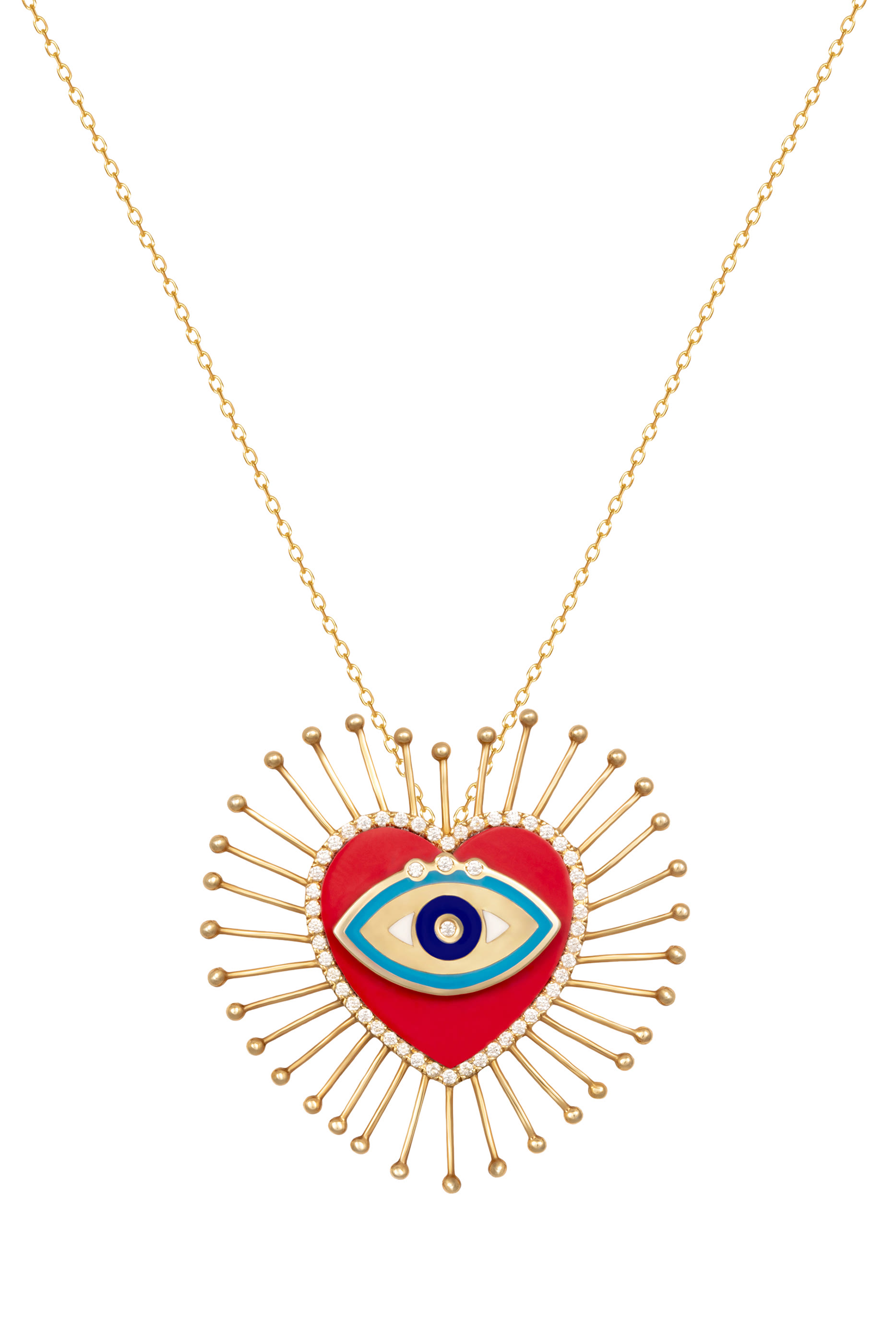 Eye Heart U Pendant Necklace, 18k Yellow Gold & Coral, Enamel, Diamonds