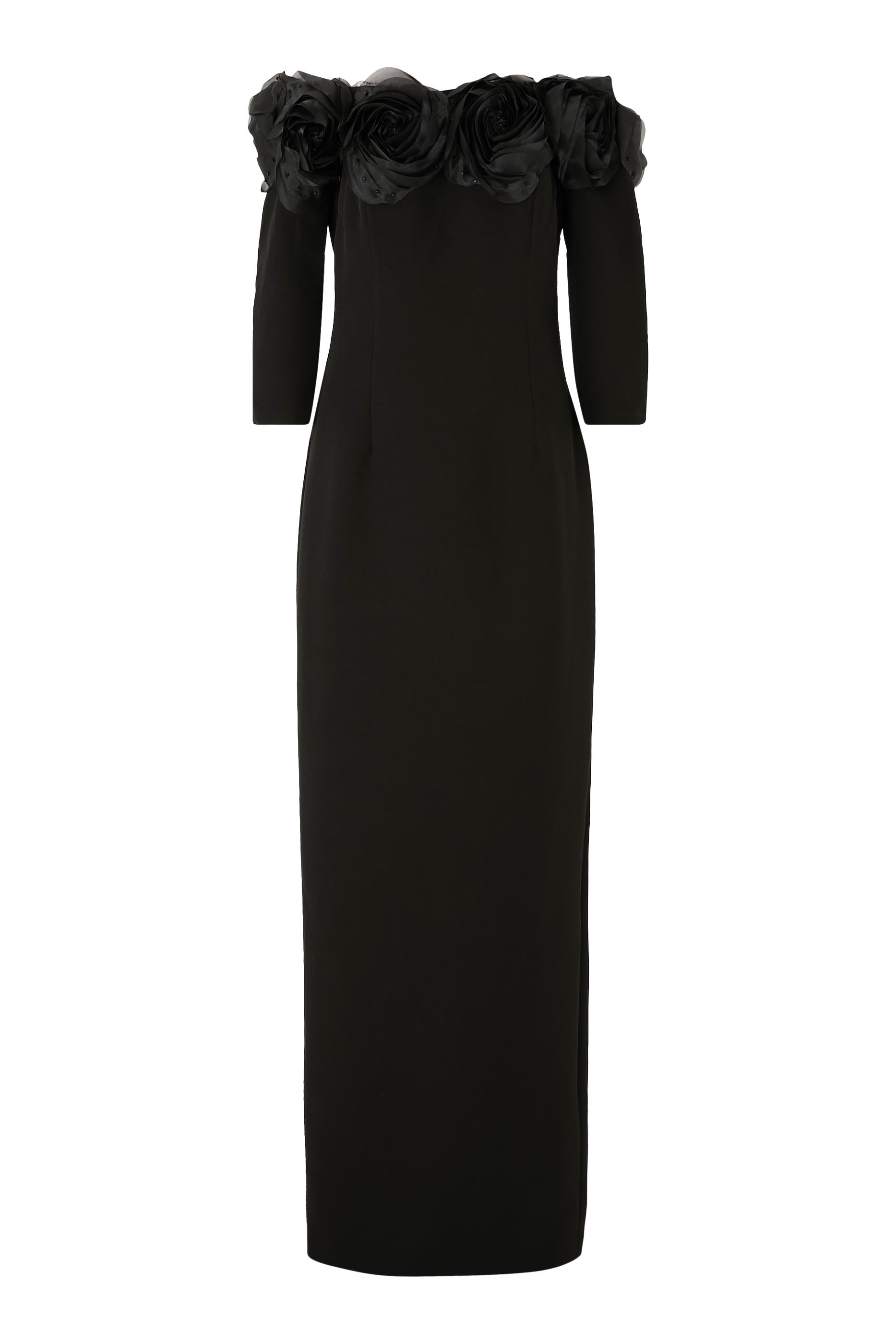  Crepe 3D Flower Off-the-Shoulder Gown