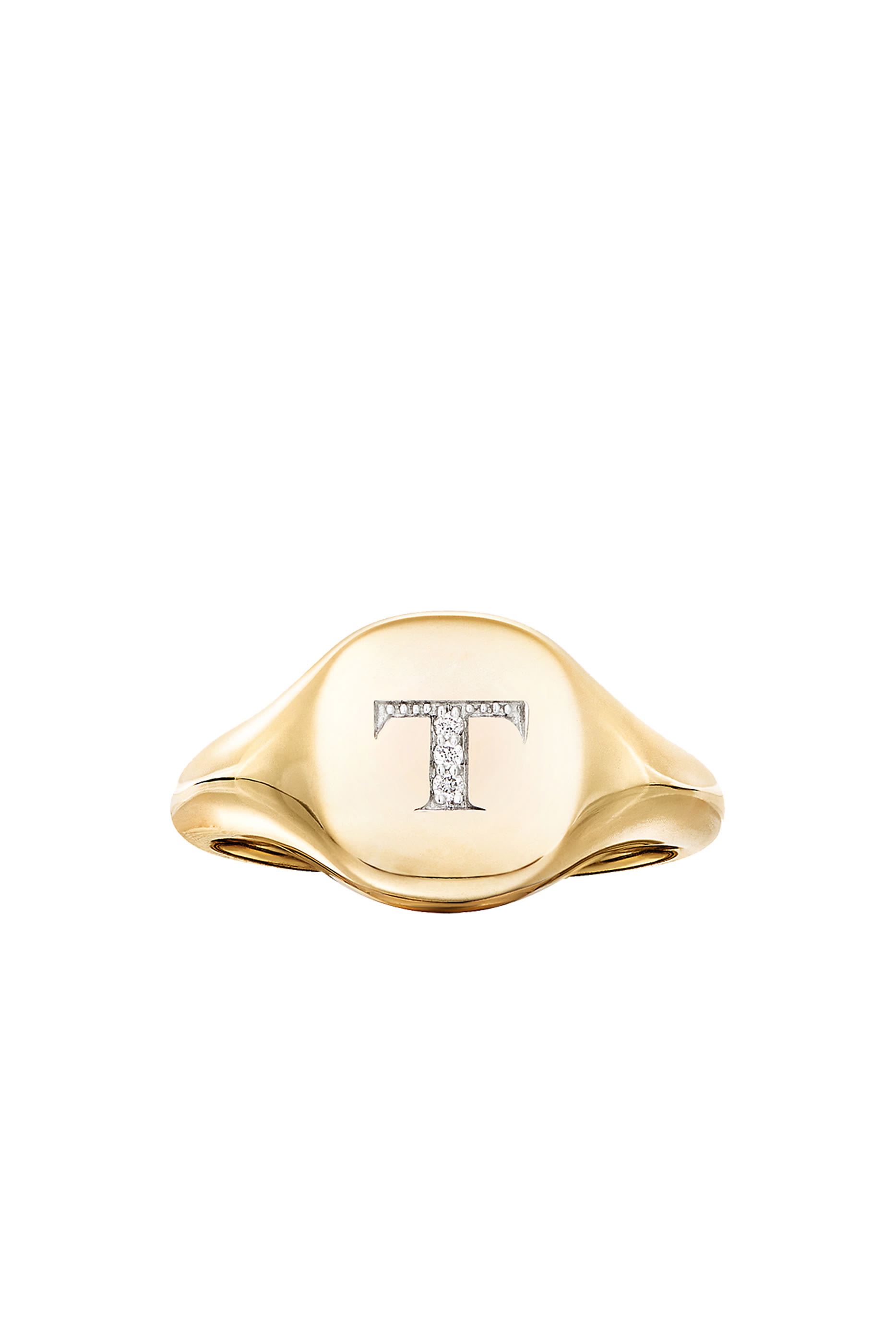 T Mini Pinky Ring, 18K Yellow Gold & Diamonds