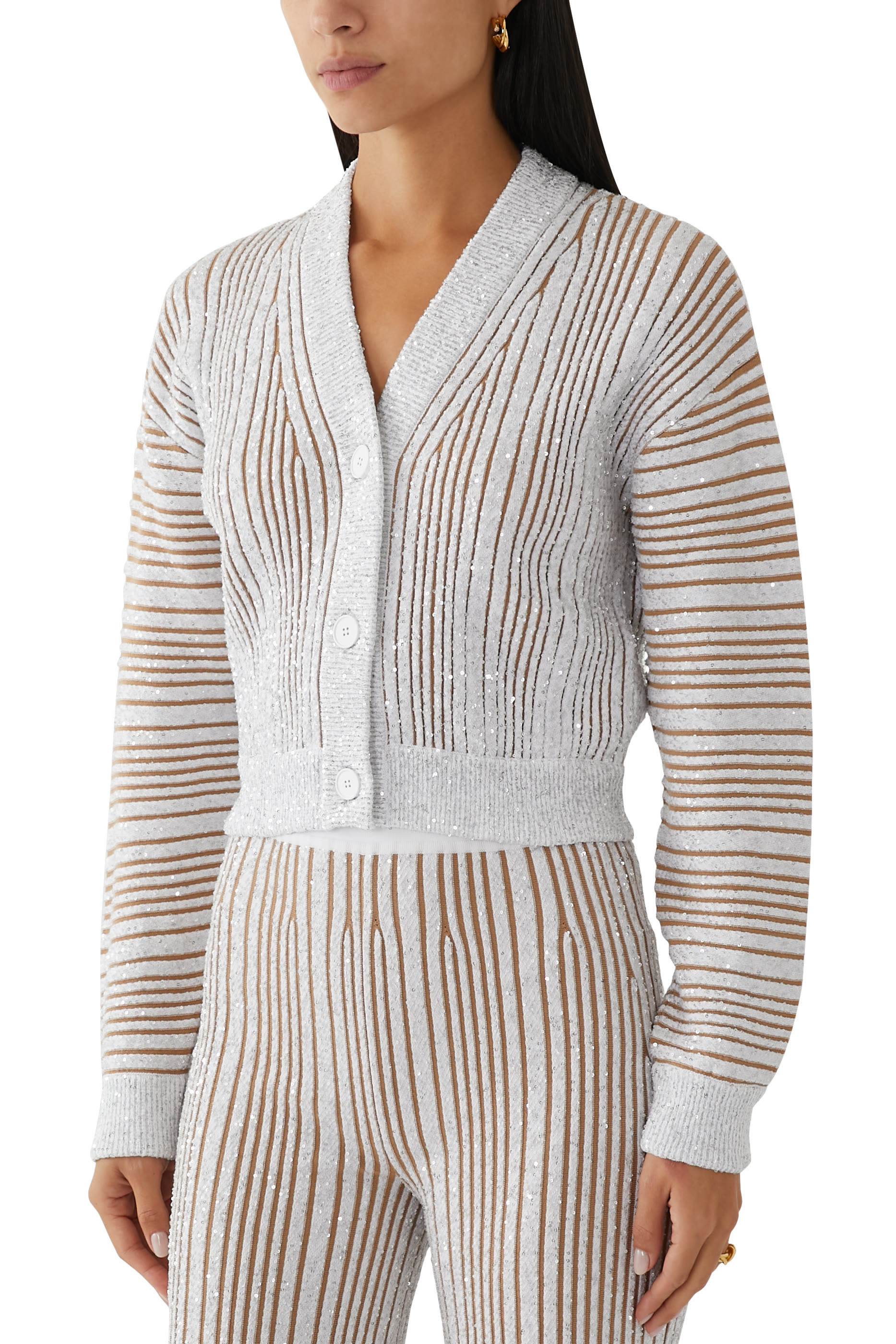 Partialized Knit Sequinned Long Sleeve Buttoned Cardigan