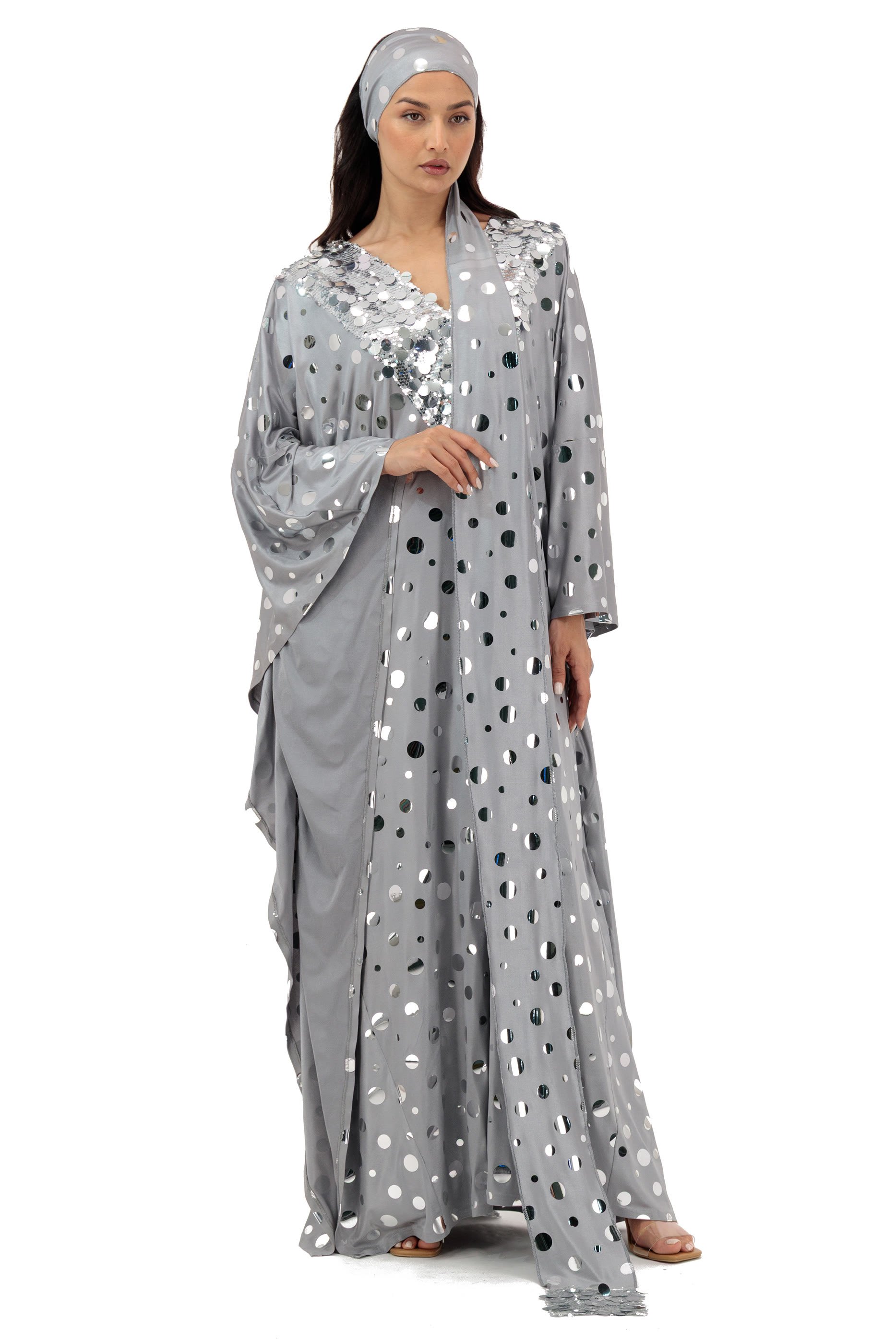  Polka Dot Embellished Kaftan With Scarf