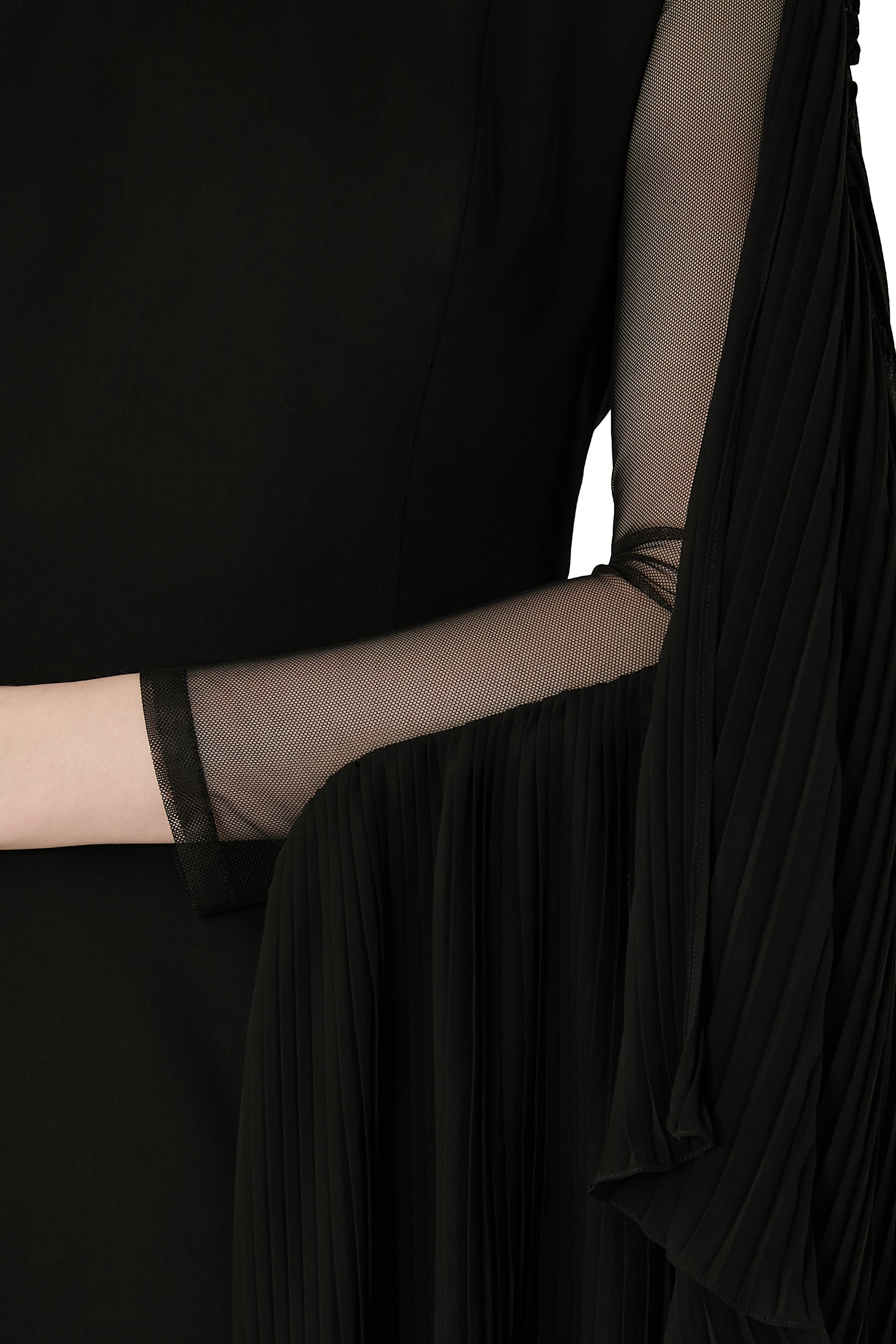 Long Sleeve Crepe Gown With Illusion & Pleated Chiffon Fringe Sleeve