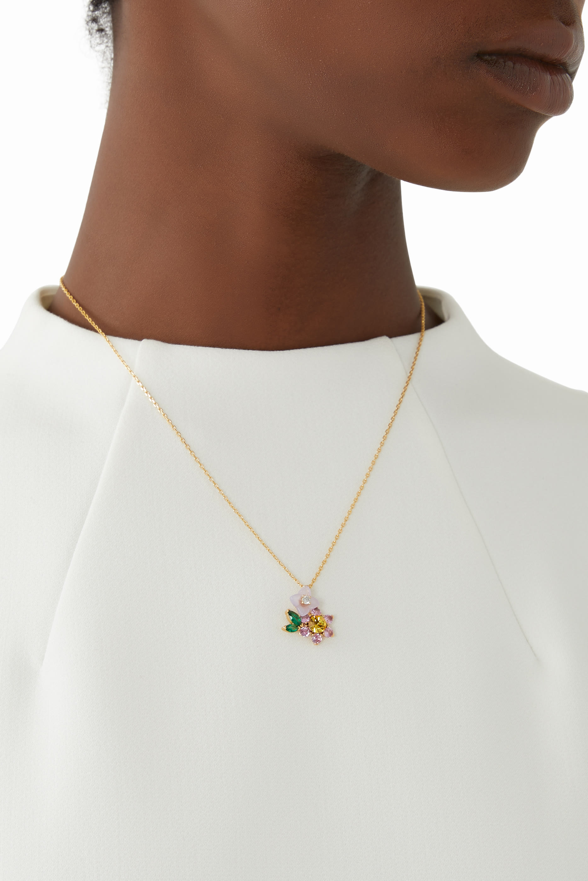 Bursting Blooms Pendant, Brass & Cubic Zirconia, Czech Glass Stone, Resin