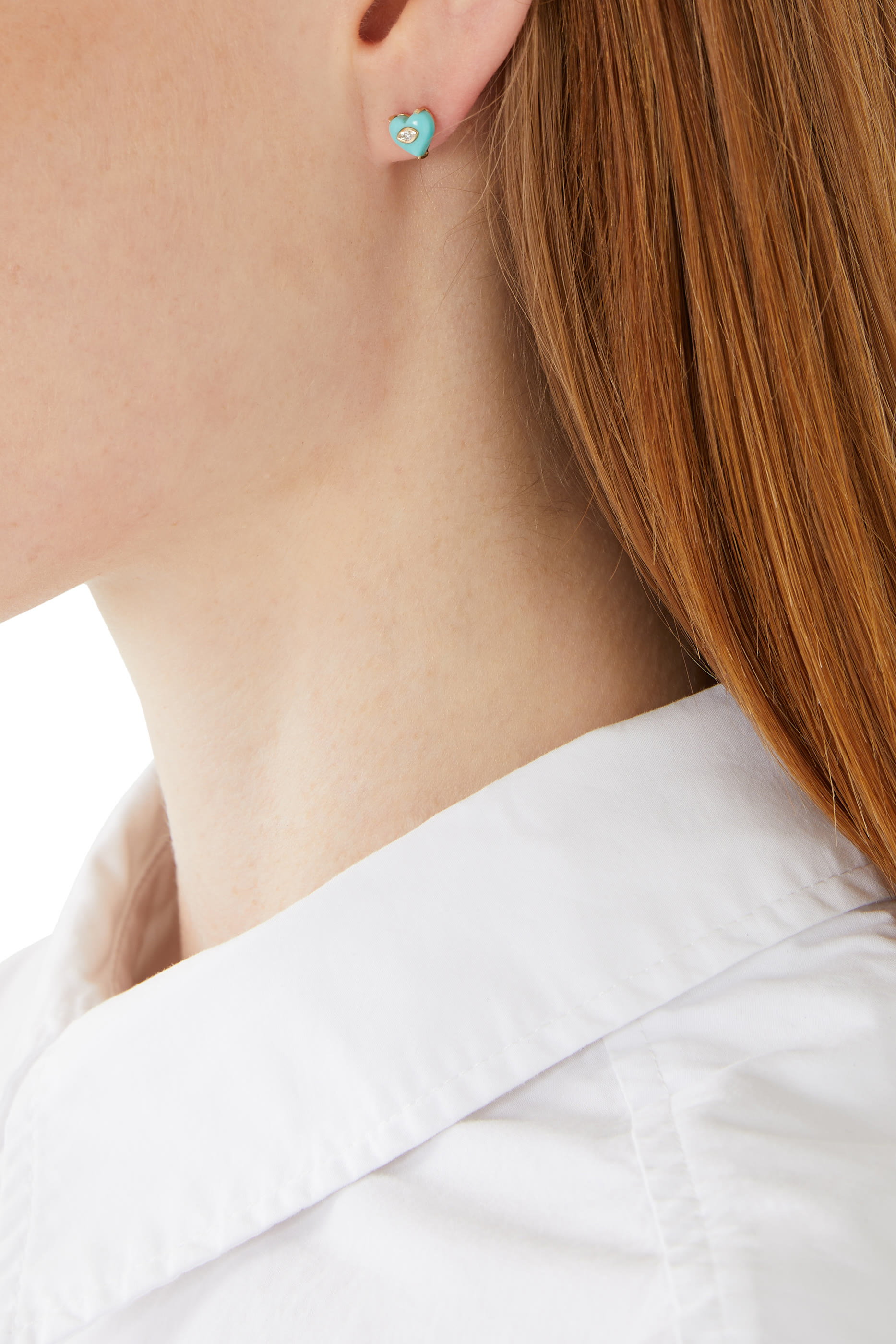  Bezel Eye on Small Carved Heart Studs, 14K Yellow Gold, Turquoise & Diamond