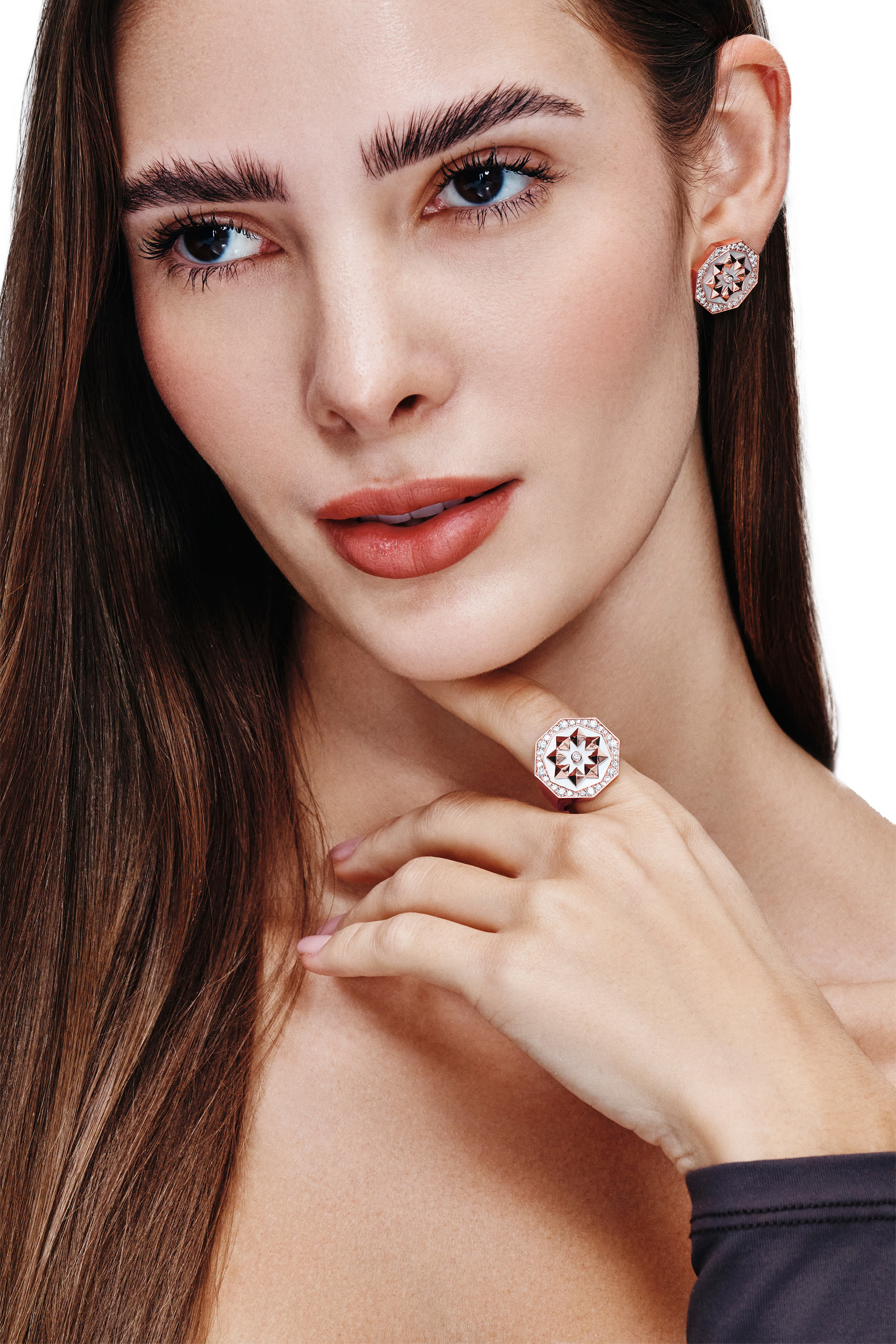  Thaman Earrings, 18K Rose Gold with Diamonds & Mother of Pearl