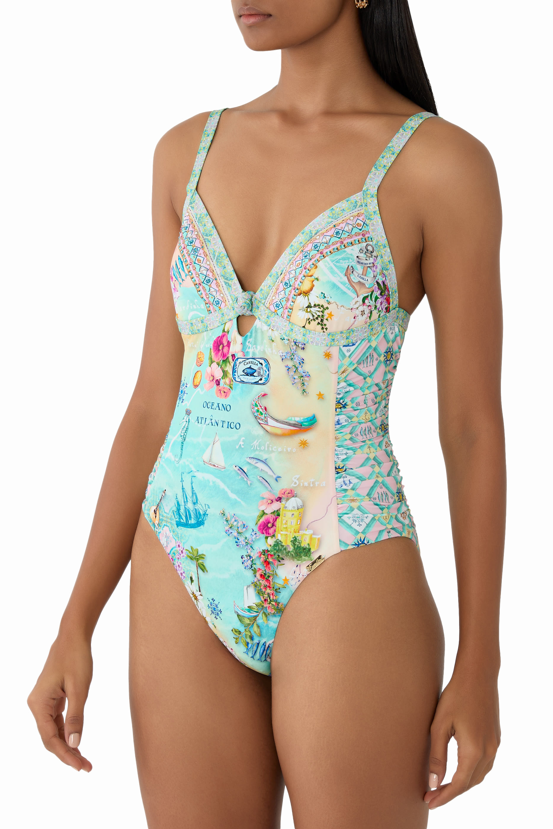 Ruched Panelled Triangle One-Piece with Knot Front