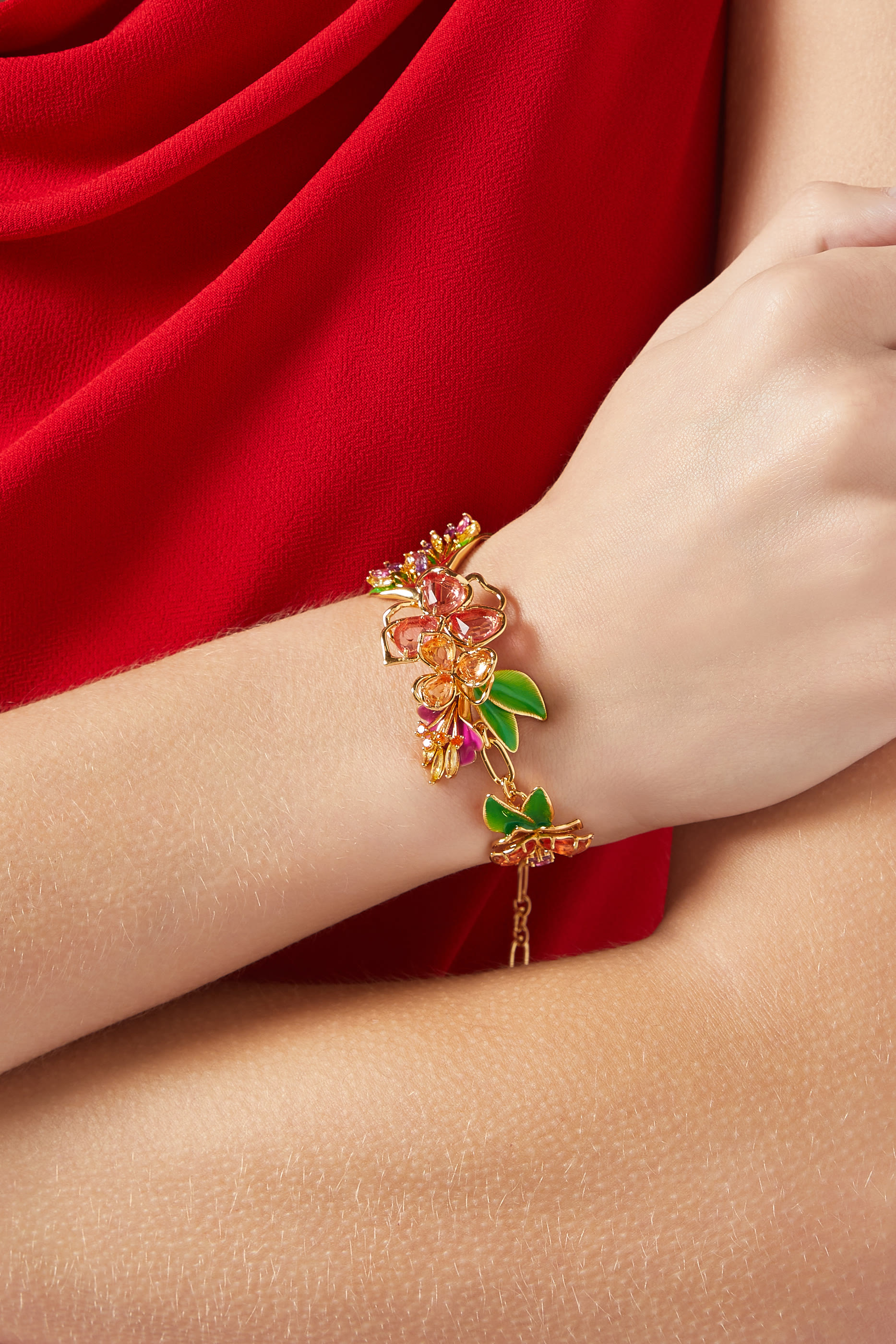 Paradise Floral Statement Bracelet, Plated Metal & Cubic Zirconia, Glass Stone, Enamel