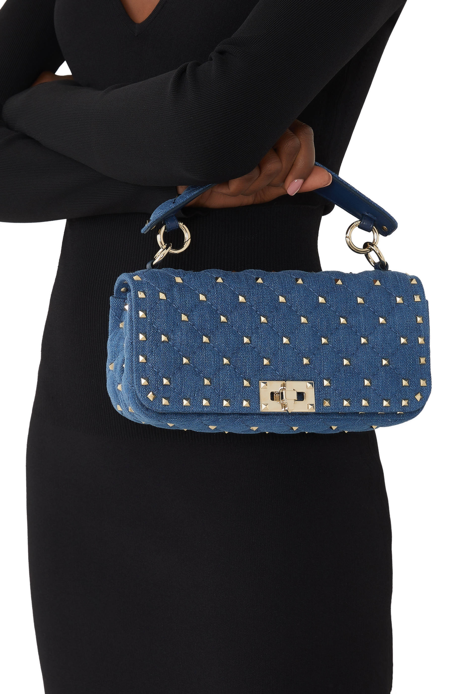 Denim Rockstud Spike Shoulder Bag
