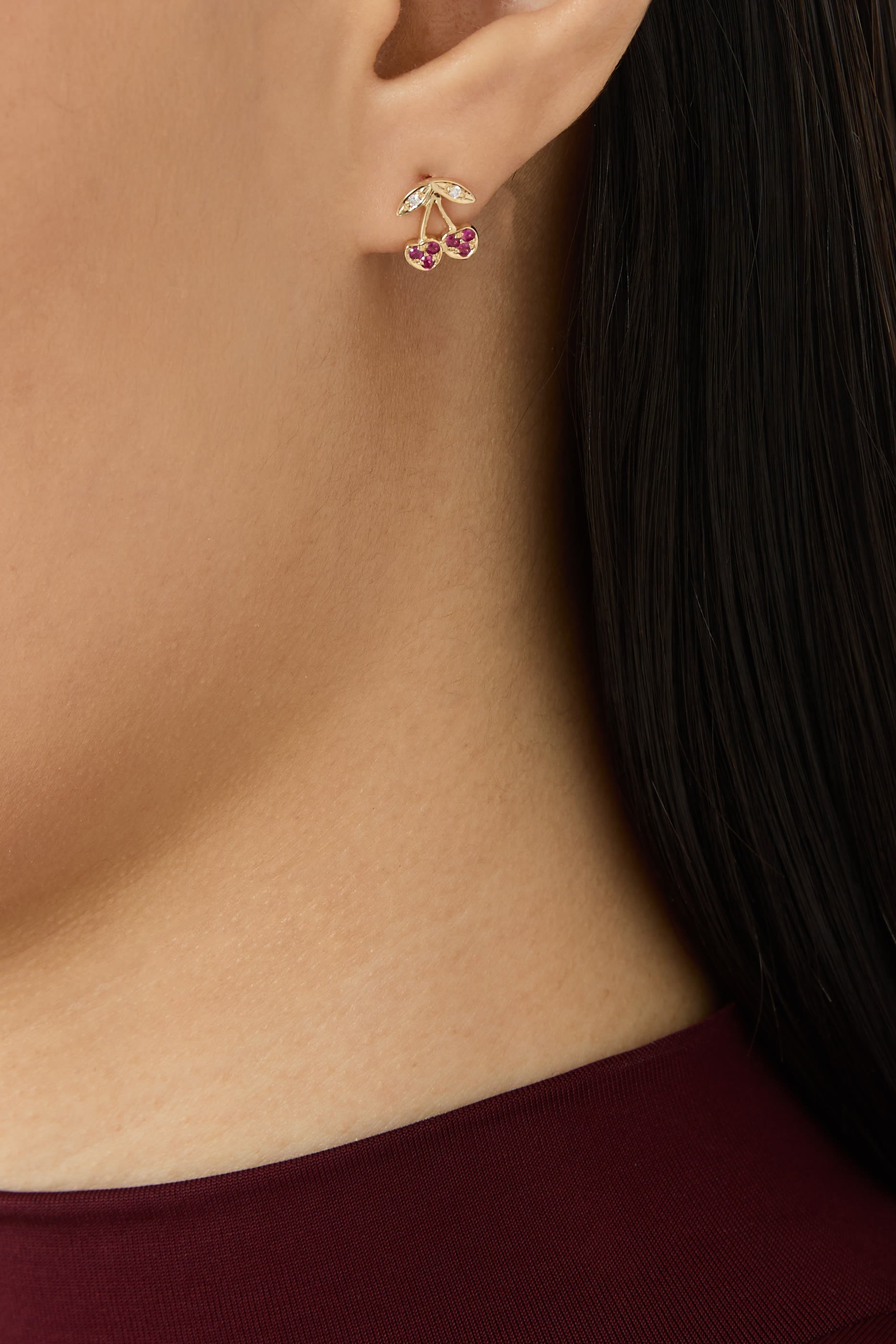 Pav&eacute; Cherry Single Stud Earring, 14K Yellow Gold, Ruby & Diamond