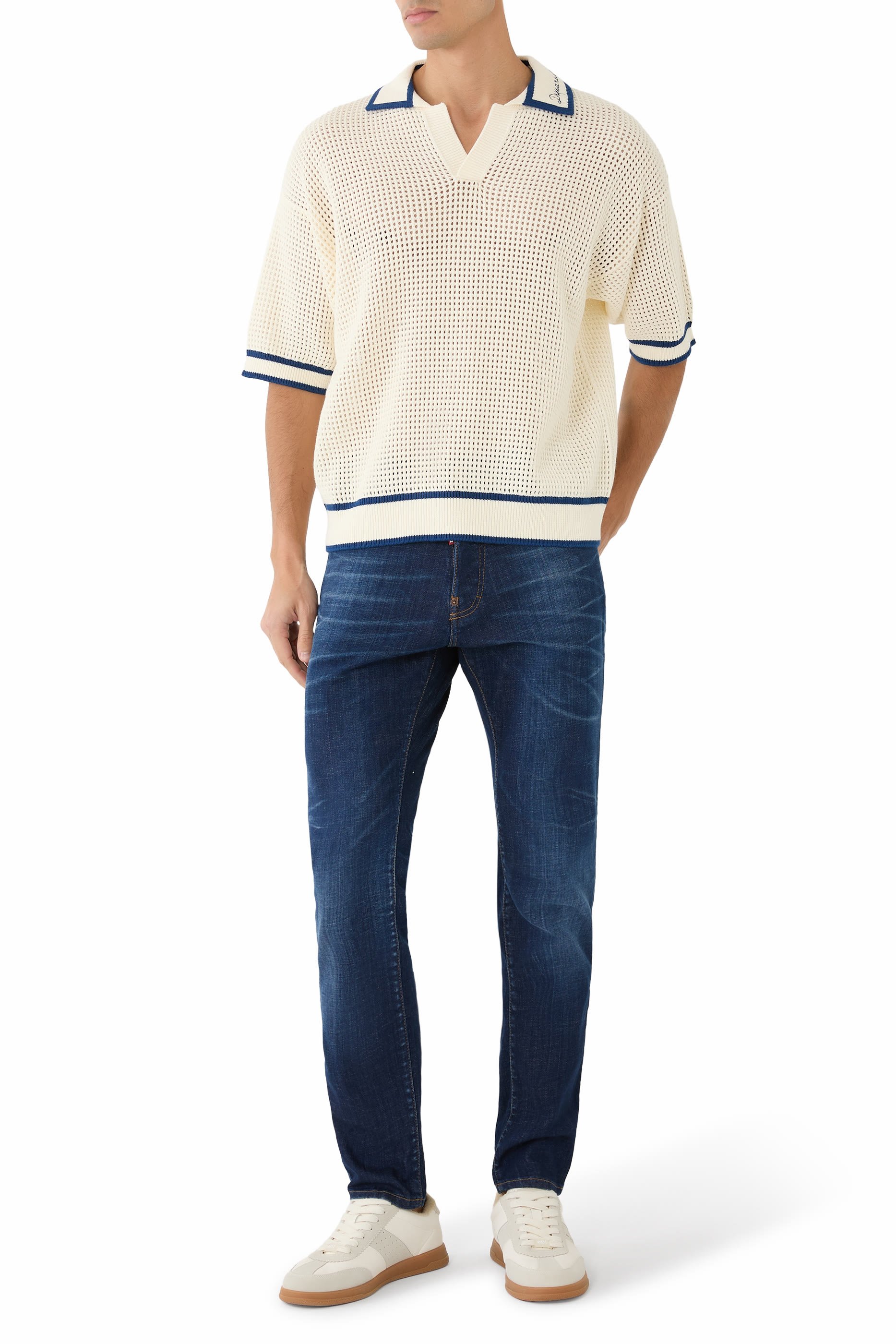  Open Work Knit Polo T-Shirt