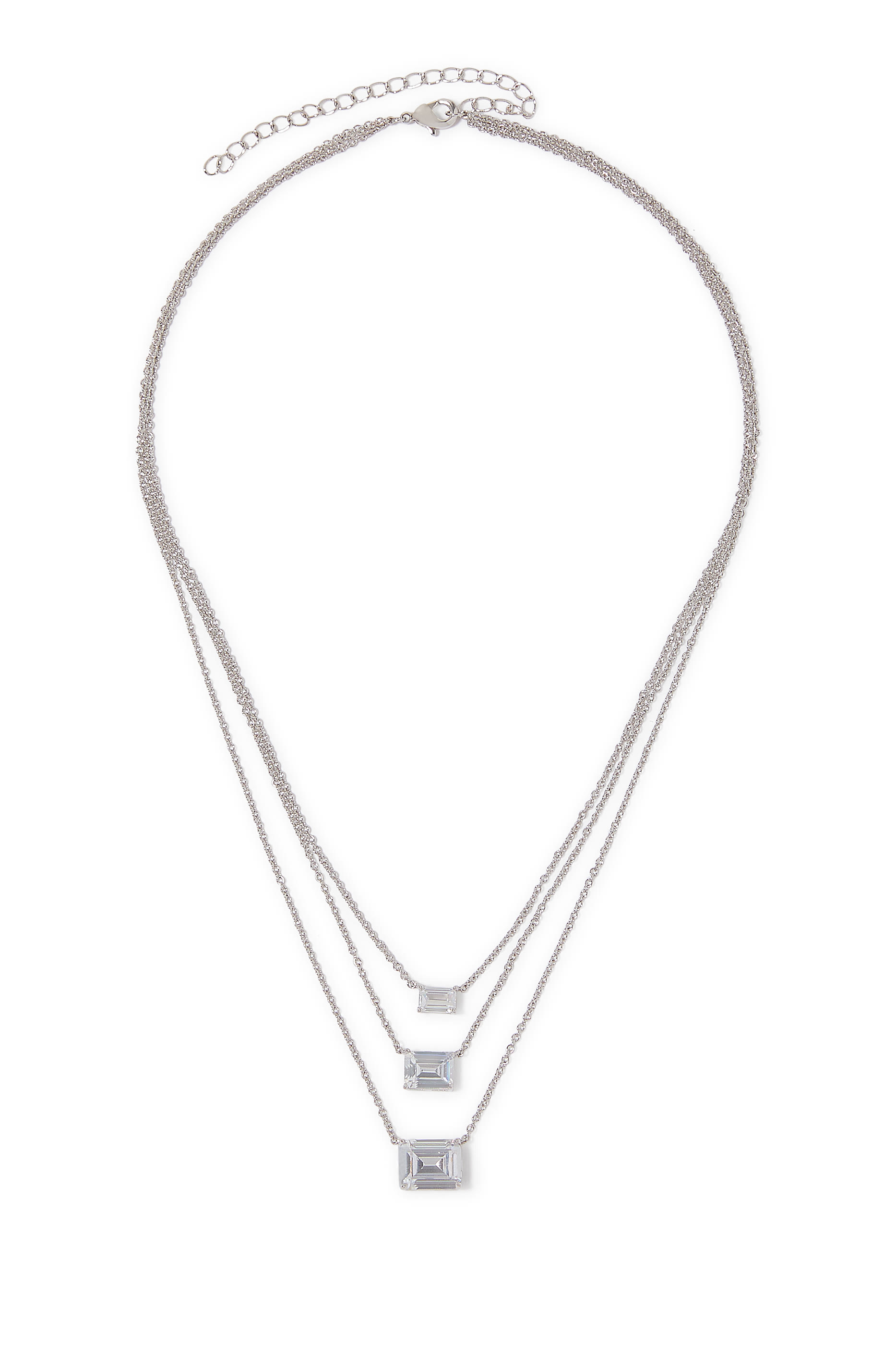  Triple Layered Pendant Necklace, Rhodium Plated Brass & Cubic Zirconia