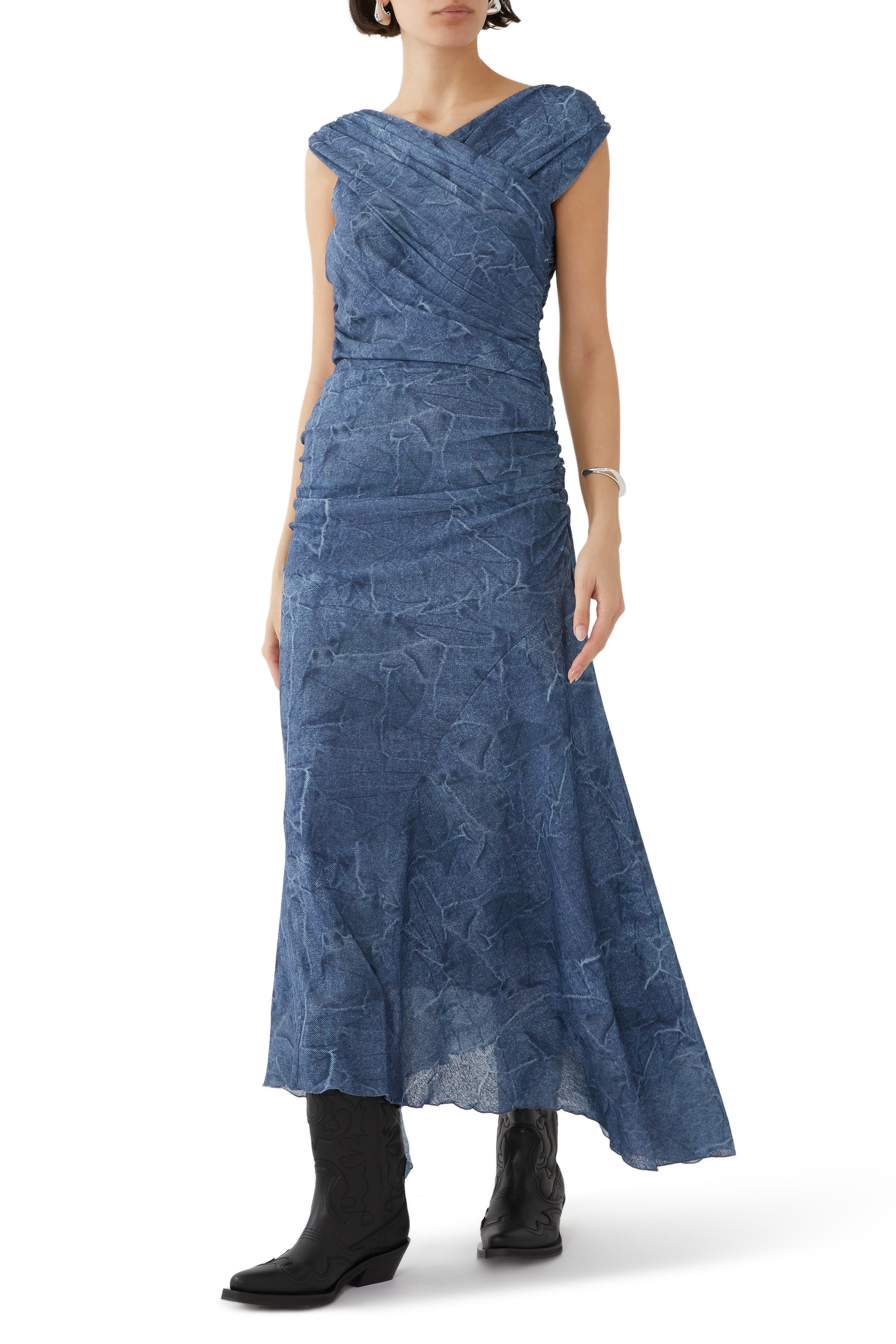 Marl Mesh Long Ruched Crossover Dress