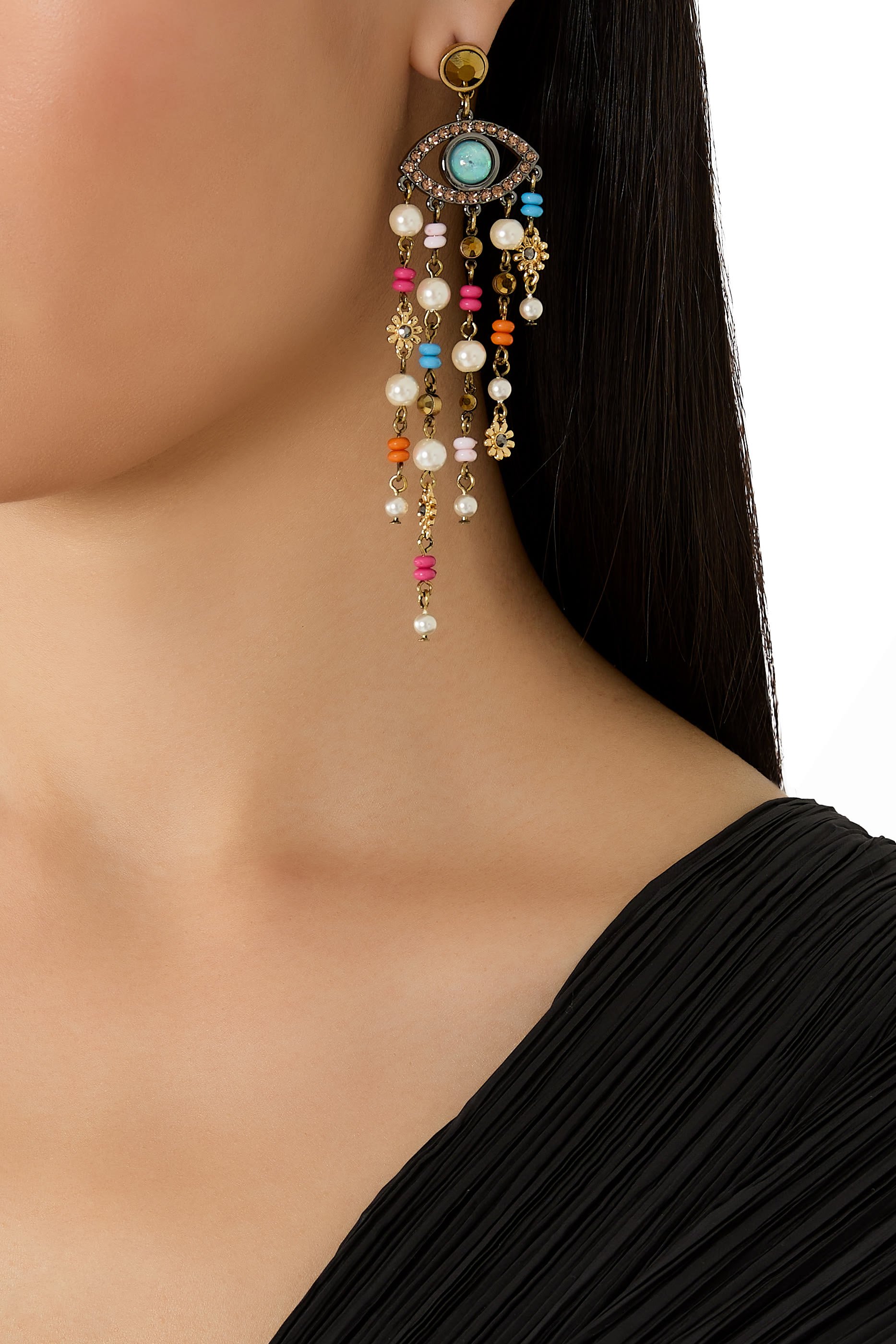 Beaded Eye Earrings, Brass & Faux Pearls, Crystals, Floral Motifs