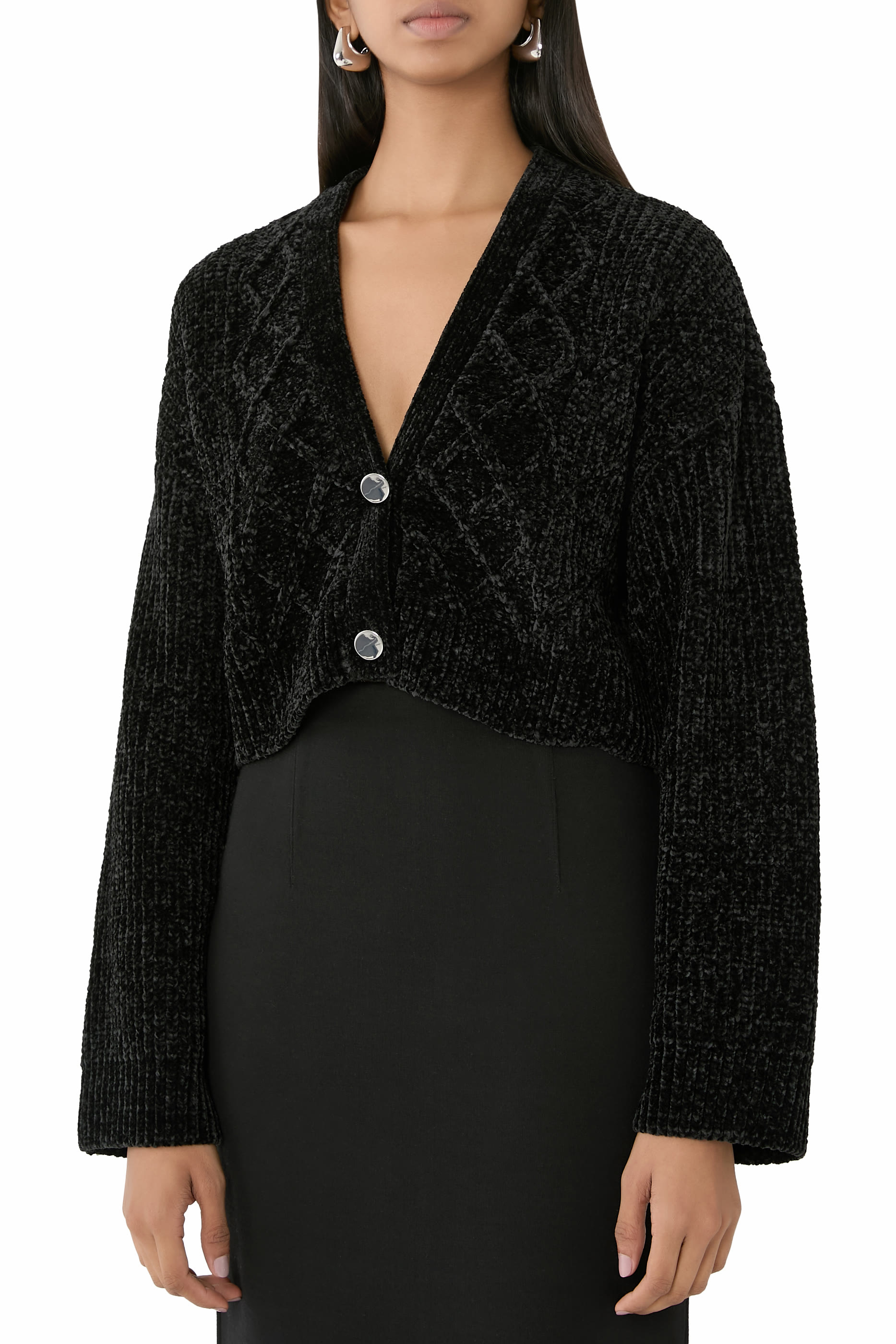 Cropped Ribbed Button Closure Cardigan