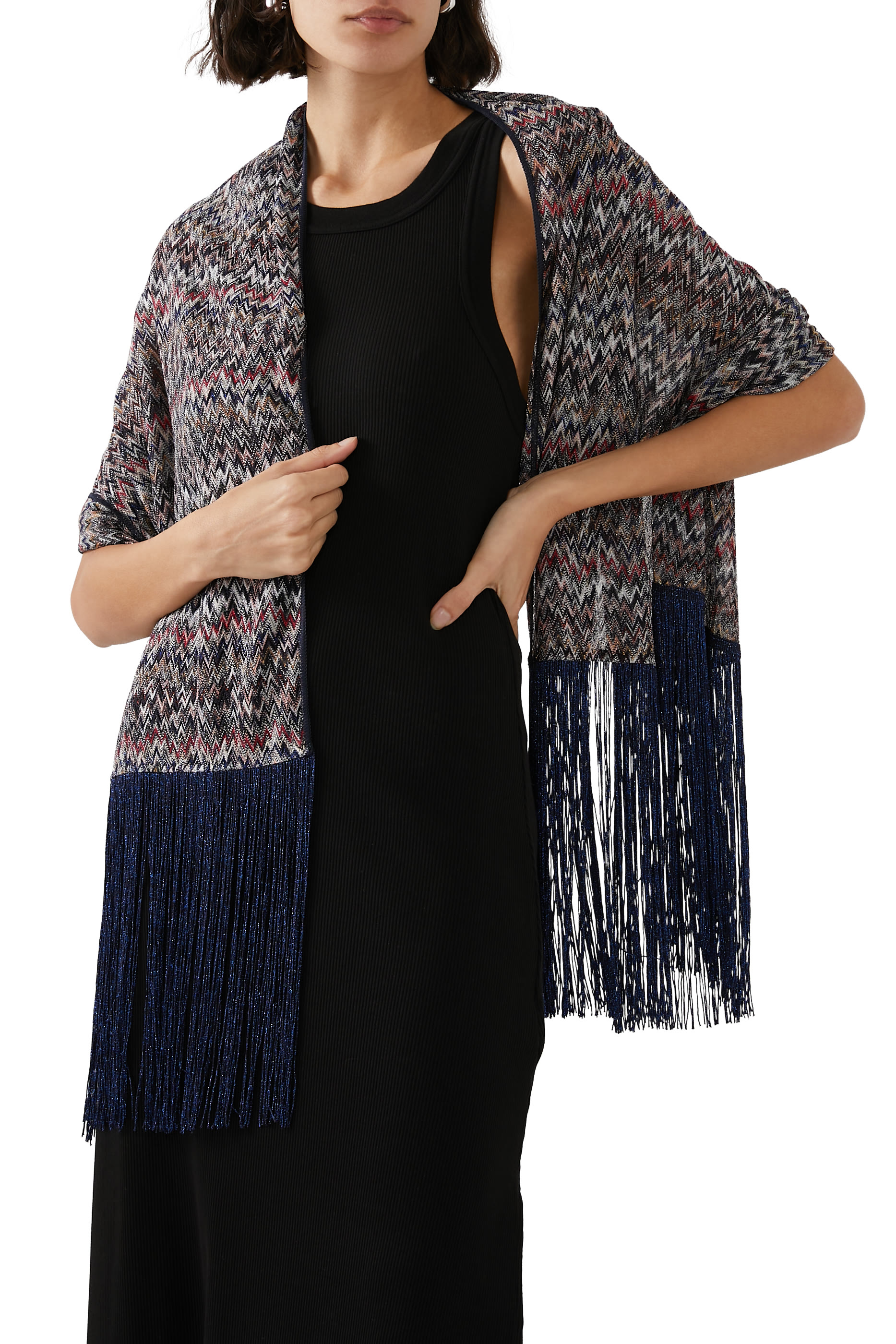 Lam&eacute; Viscose Chevron Scarf with Fringes