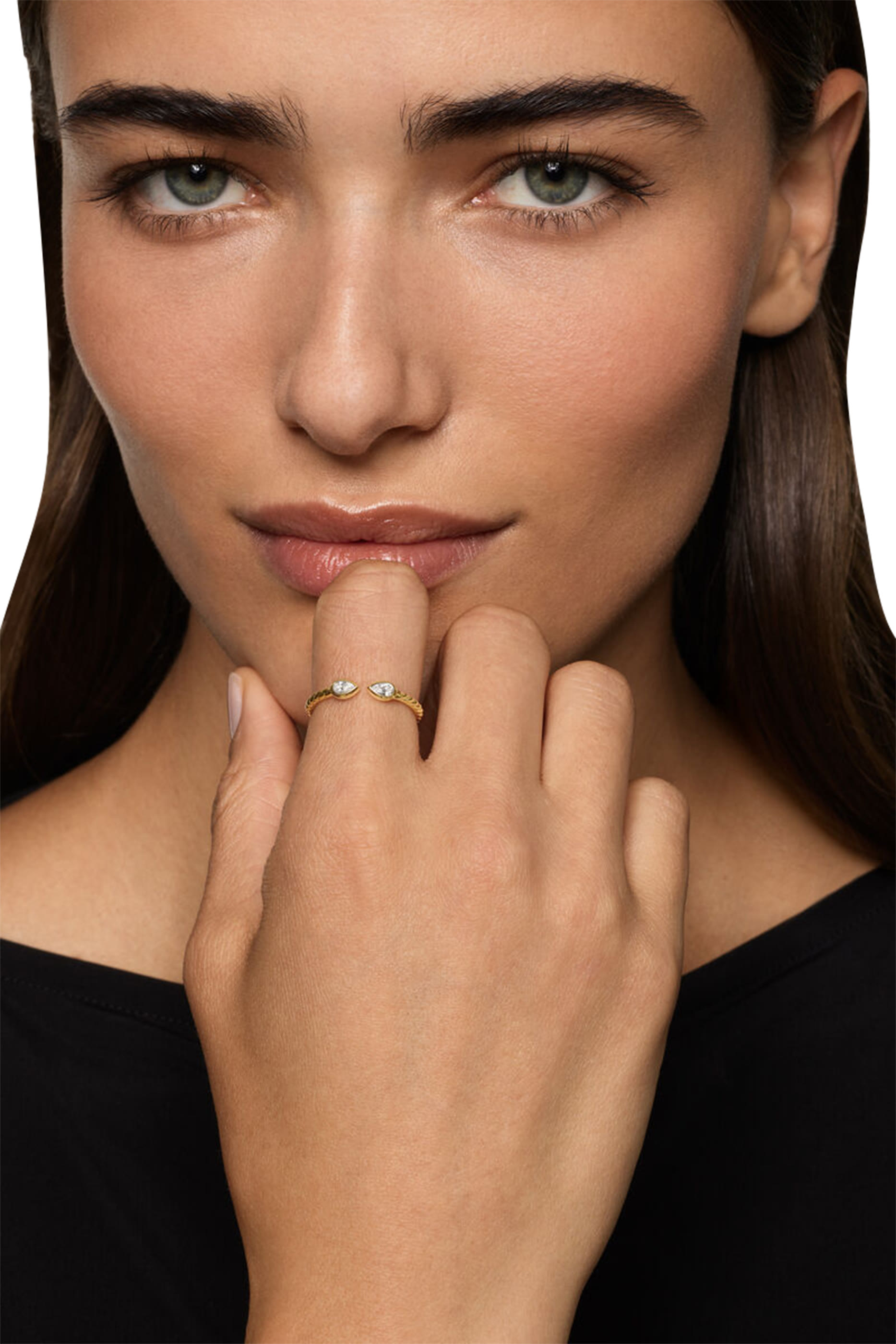 Petite Modern Renaissance&reg; Open Pear Ring, 18K Yellow Gold & Diamonds